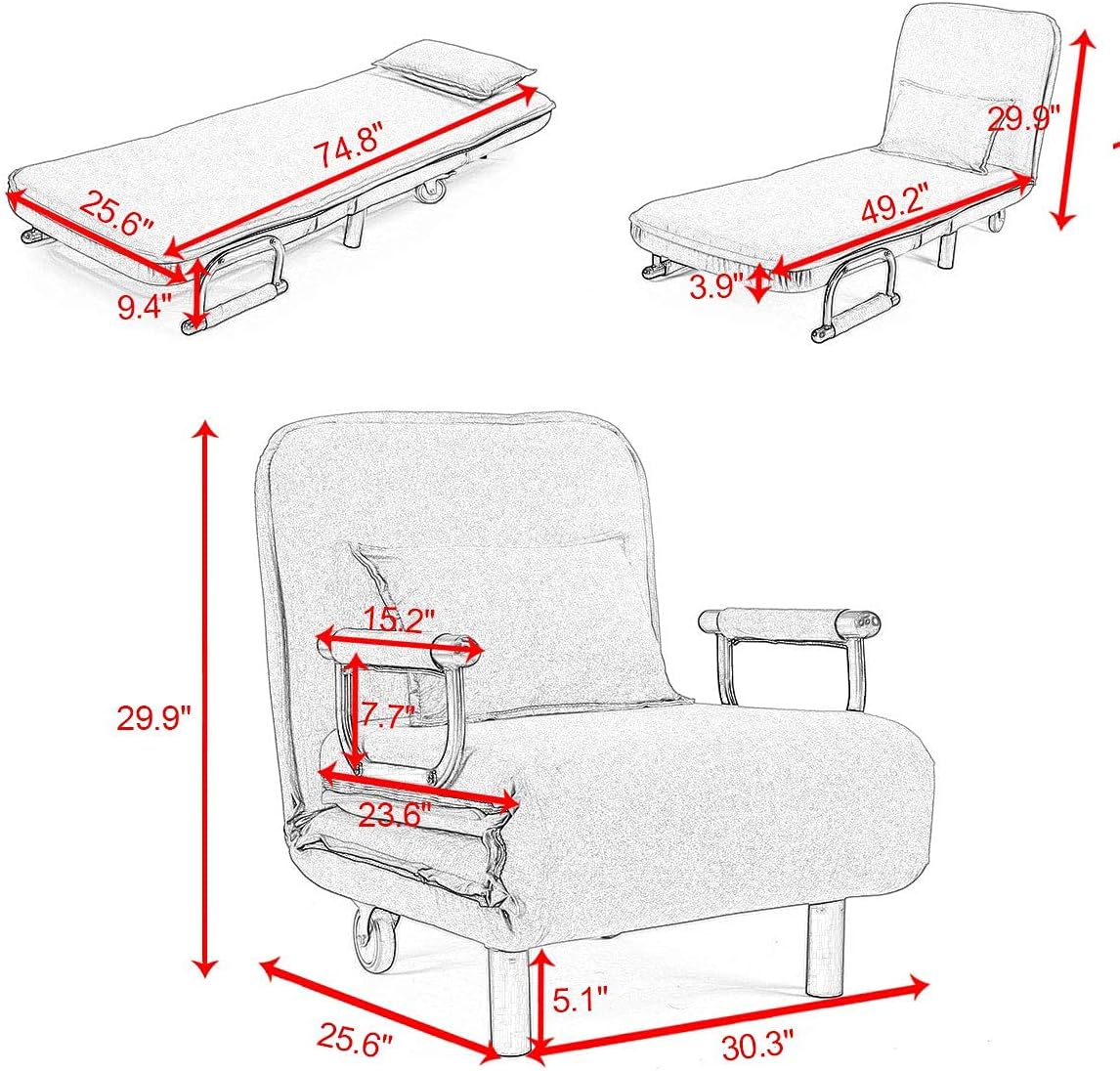 Fabric Foldable Single Convertible Lazy Sofa Folding Chair Lounge Sofa Bed Couch Leisure Recliner Hidden Legs 5 Position Furniture for Small Space for Home Living Room,Blue