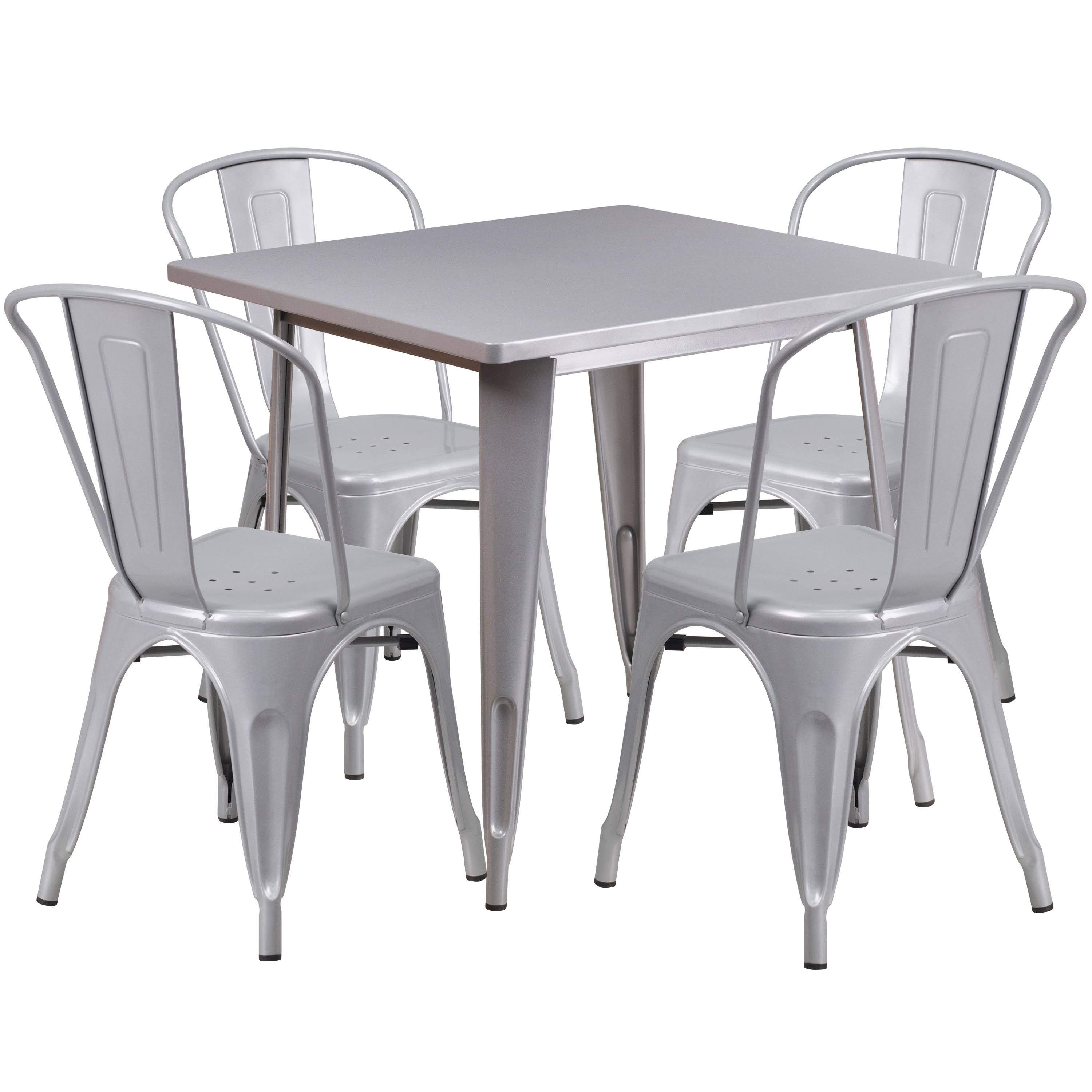Flash Furniture 31.5&& Square Metal Indoor-Outdoor Table Set with 4 Stack Chairs Silver