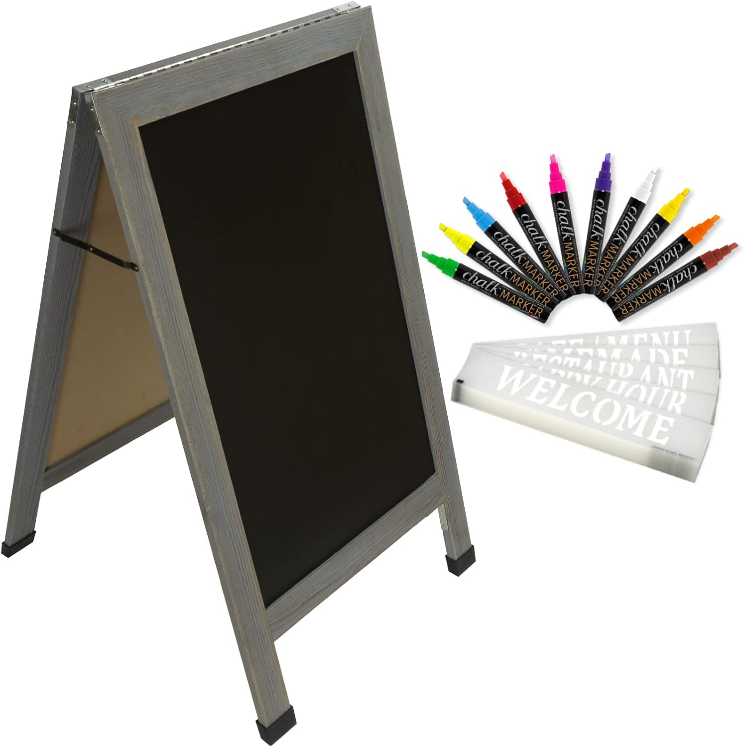 Sandwich Board Sidewalk Chalkboard Sign: REINFORCED, HEAVY-DUTY / 10 CHALK MARKERS / 40 PC. STENCIL SET / CHALK / ERASER / DOUBLE SIDED / LARGE 40x23 Chalk Board Standing Sign A-Frame (Whitewash Grey) Pack of 2
