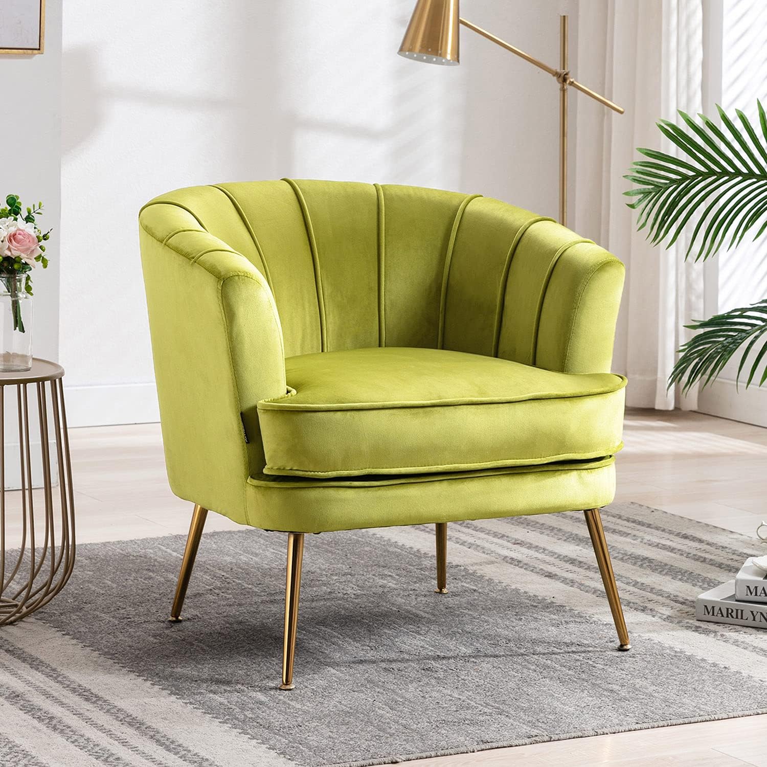Altrobene Velvet Accent Chair Modern Channel Tufted Armchair Comfy Barrel Chair with Gold Legs for Living Room, Bedroom, Office, Yellow Green