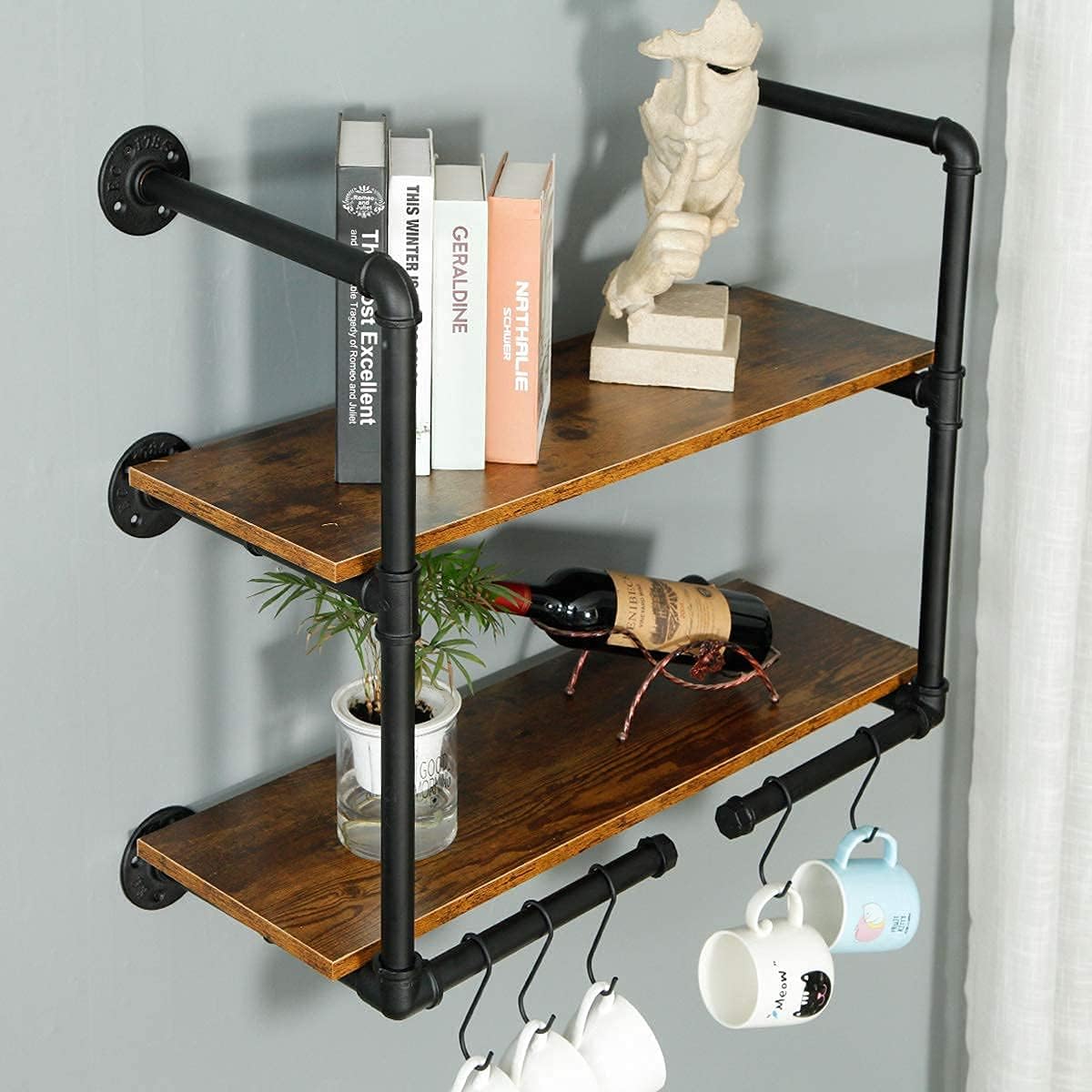 HEONITURE Industrial Shelves, Industrial Pipe Shelving, Rustic Shelves, Pipe Shelves, Book Shelves for Wall Hanging, Farmhouse Kitchen with S Hooks (30inch, 3-Layer) Pack of 2