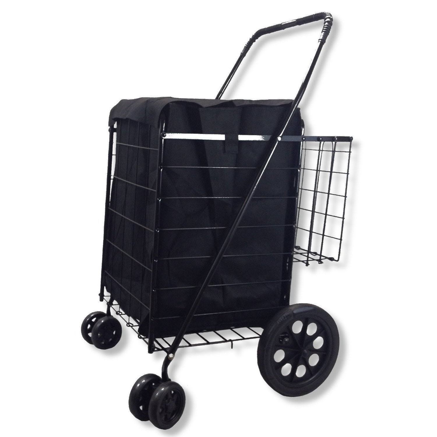 Black Jumbo Double Basket 360-Degree Rotation Swivel-wheel Folding Shopping Cart with Free Liner and Cargo Net