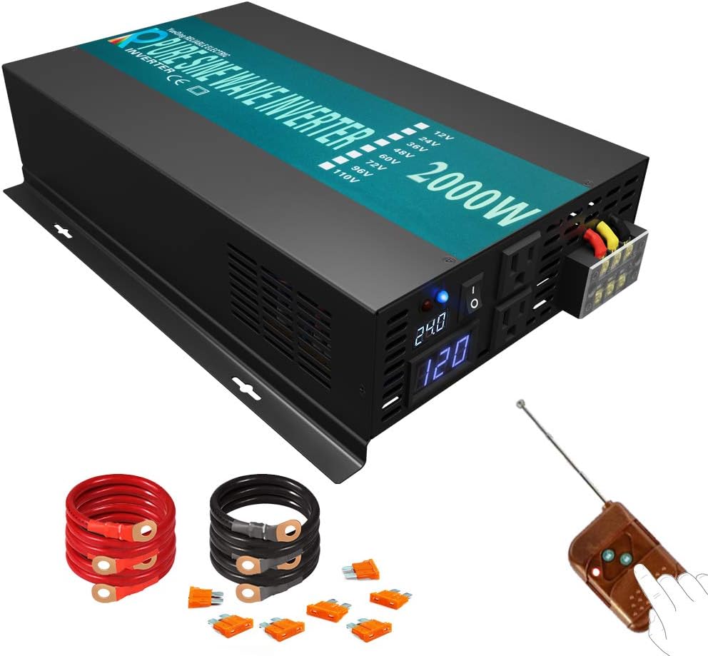 WZRELB 2000W(Peak 4000W) Pure Sine Wave Inverter DC 24V to AC 110V 120V Converter with Wireless Remote Control Back up Power Supply for RV, Home use, Solar System