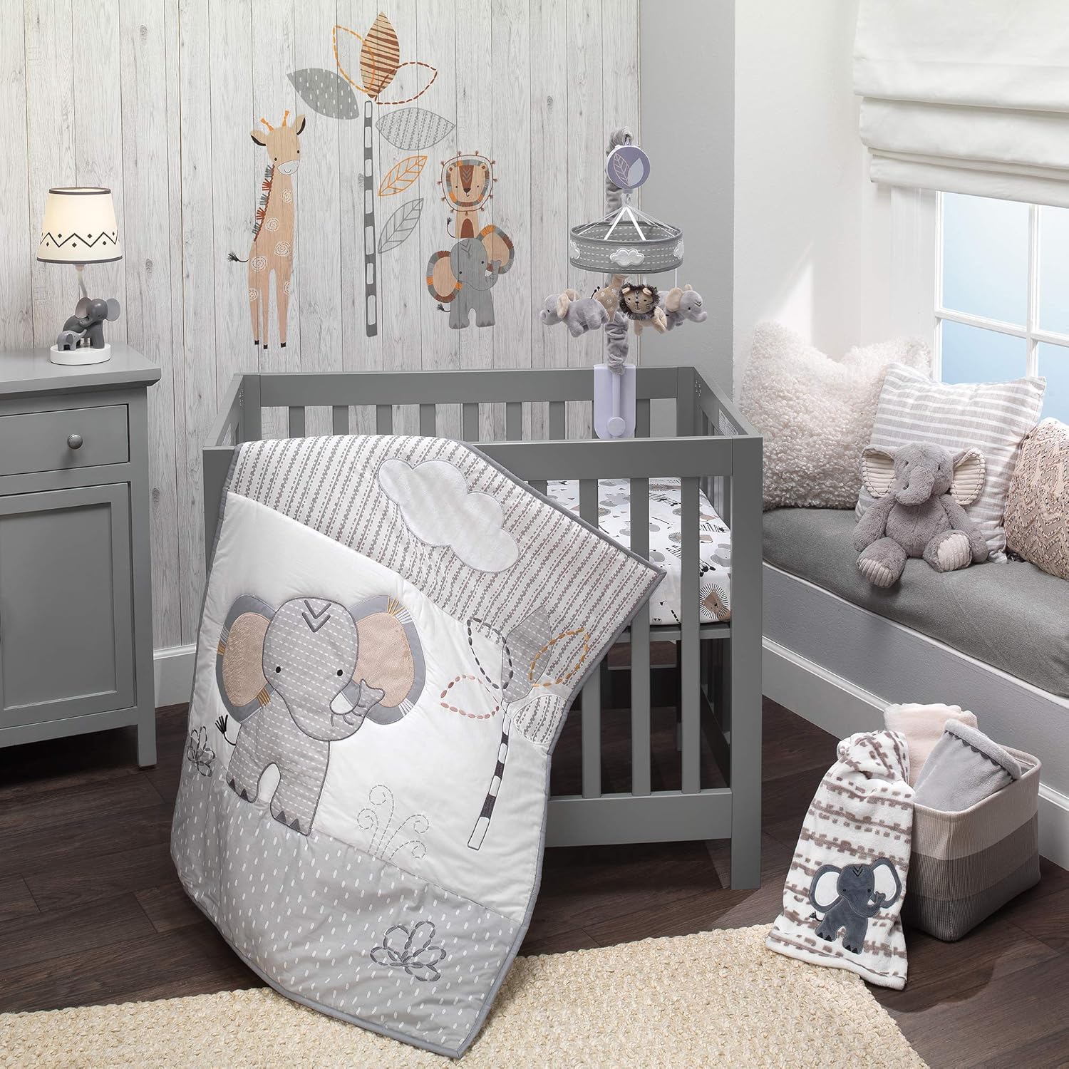 Lambs & Ivy Jungle Safari Elephant 3-Piece Mini Crib Bedding Set - Gray/White Pack of 2