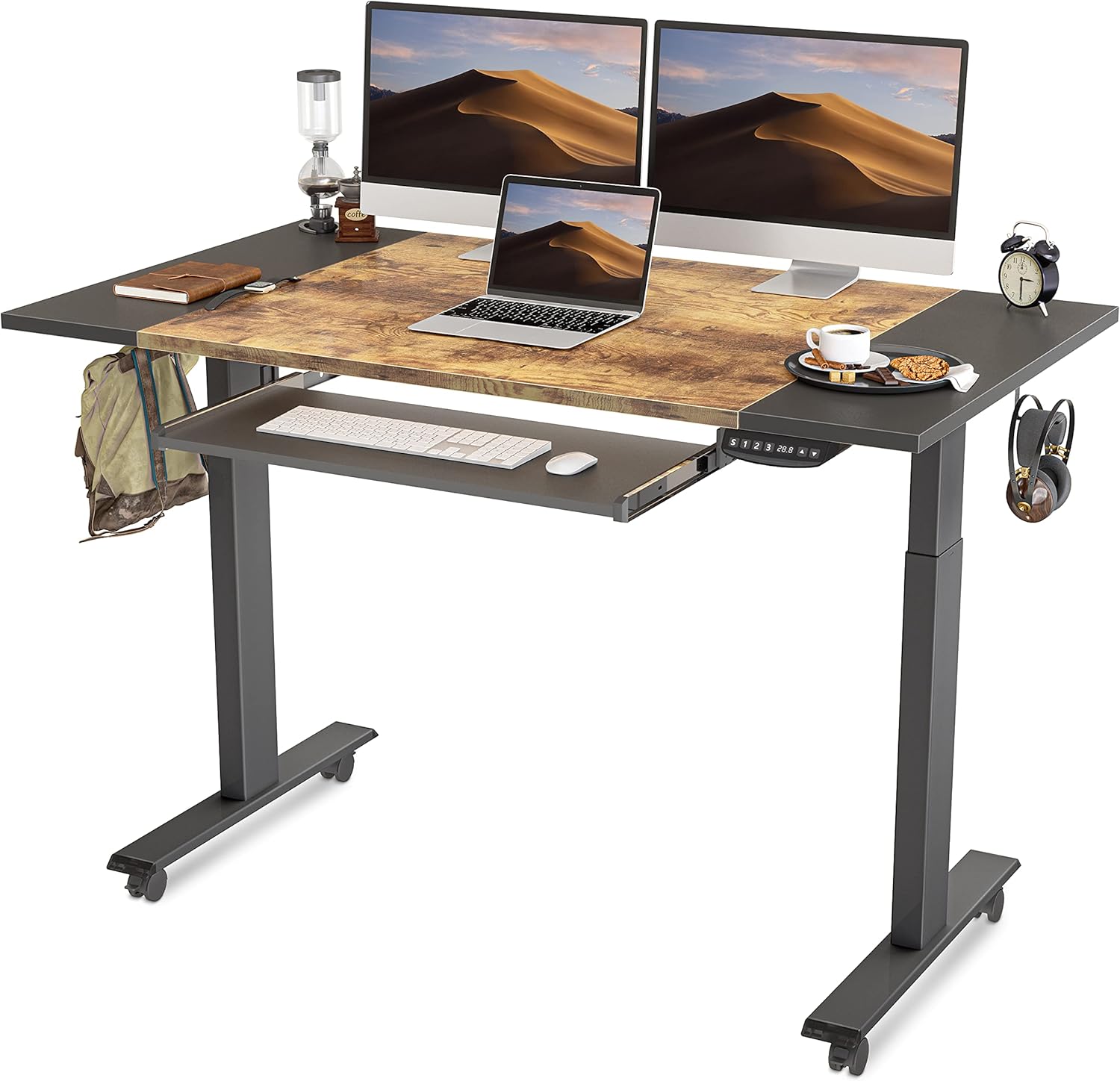 FEZIBO Dual Motor Height Adjustable Electric Standing Desk with Keyboard Tray, 55 x 24 Inch Sit Stand Table with Splice Board, Black Frame/Rustic Brown and Black Top