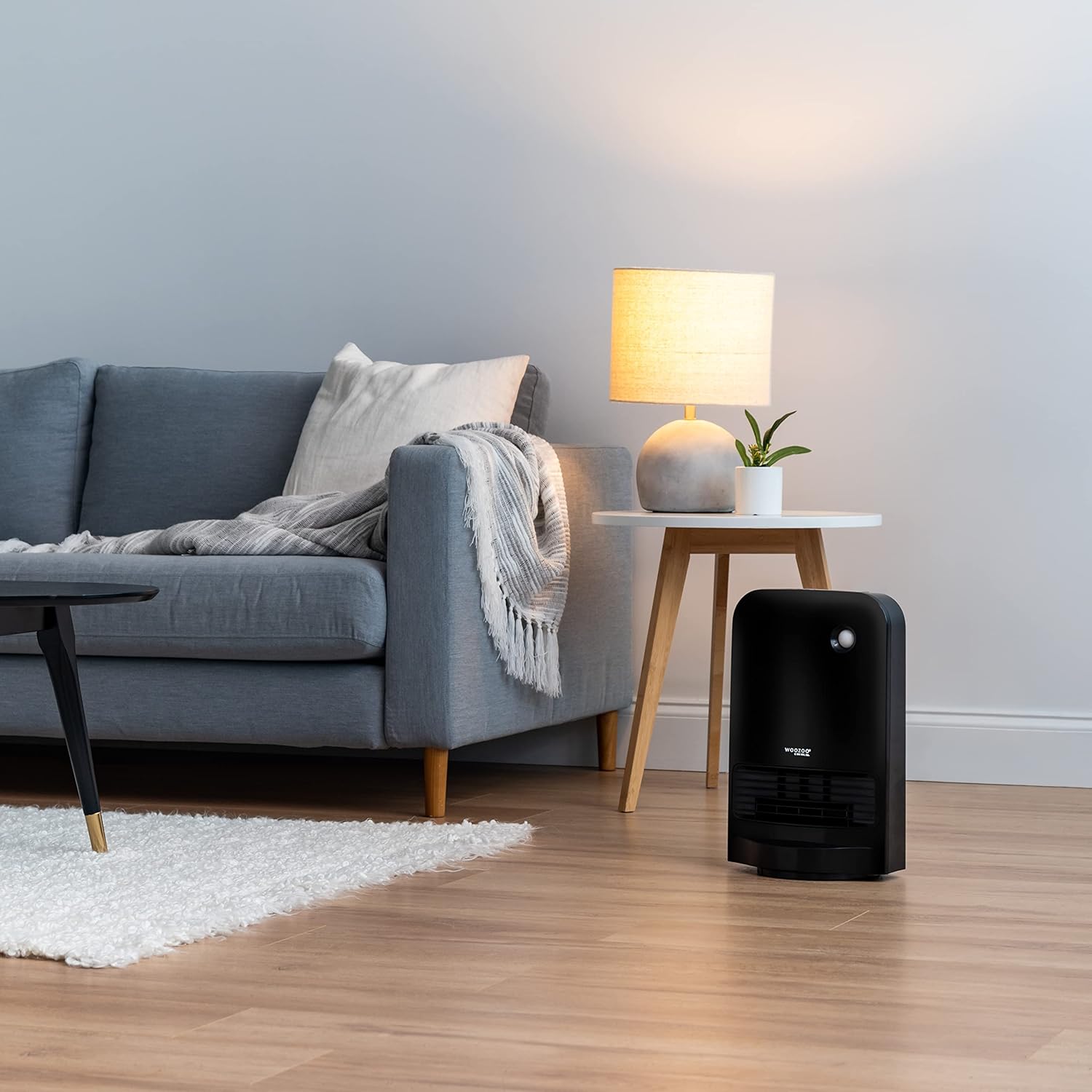 IRIS USA Woozoo Portable Electric Space Heater, Oscillating Fan with Motion Sensor, 3 Fan Modes and Child Safety Lock Equipped, Built-in Thermometer, Black, (302929)