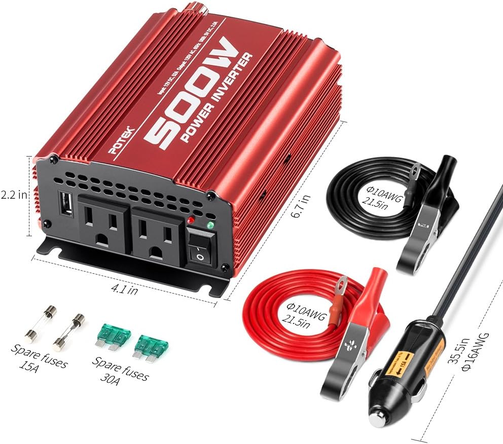 POTEK 500W Car Power Inverter DC 12V to AC 110V with 2AC outlets and 2A USB Port