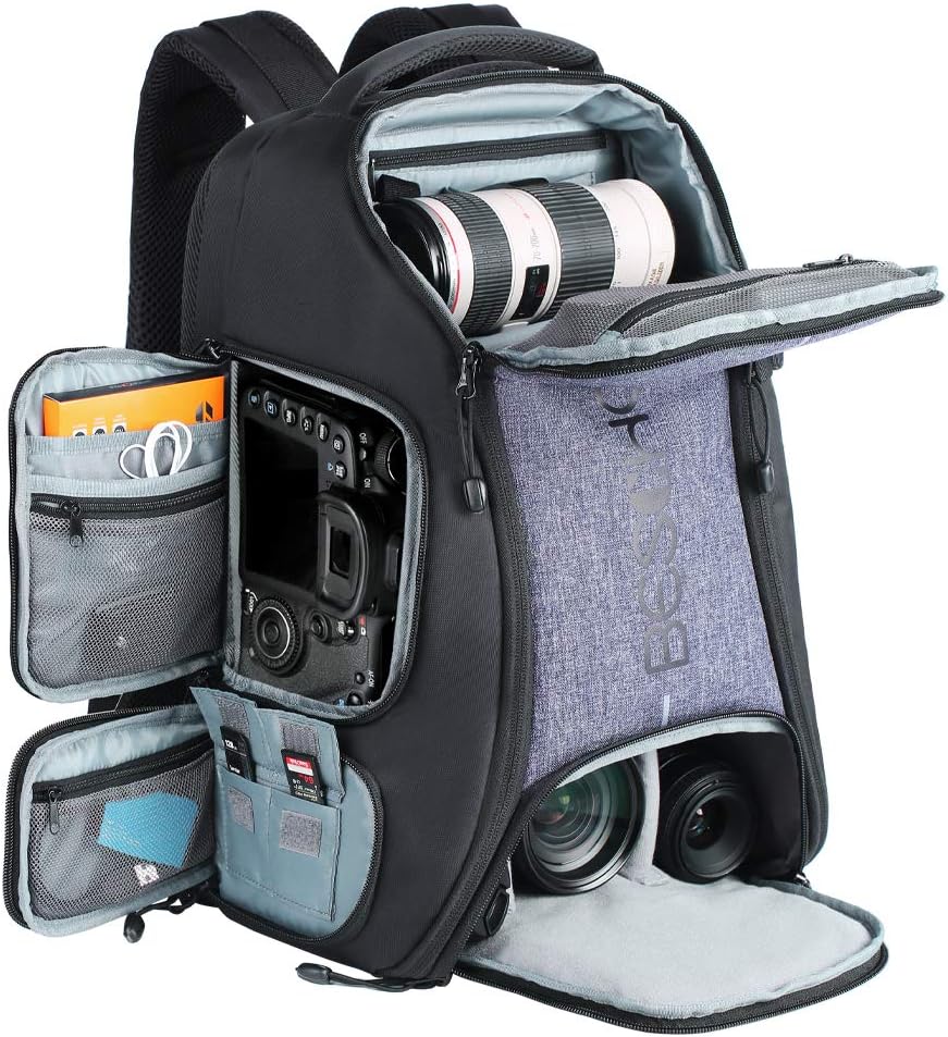 Camera Backpack, Beschoi Waterproof Camera Bag Photography Bag with Tripod Strap and Rain Cover Large Capacity Rucksack for DSLR Camera, Speedlite Flash, Camera Tripod, Laptops, Lens and Accessories