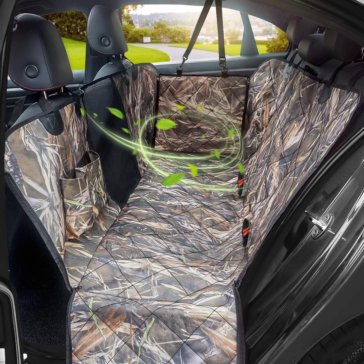 KIMHY Camo Dog Seat Cover for Pets, Car Back Seat Cover Hammock with Side Flaps, Mesh Window & Storage Bag, Waterproof Pet Seat Cover for Cars , SUV, Jeeps and Trucks