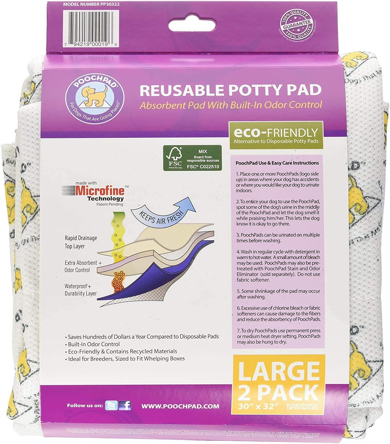 PoochPad 30-Inch by 32-Inch Pet Training Pad, Large, 2-Pack