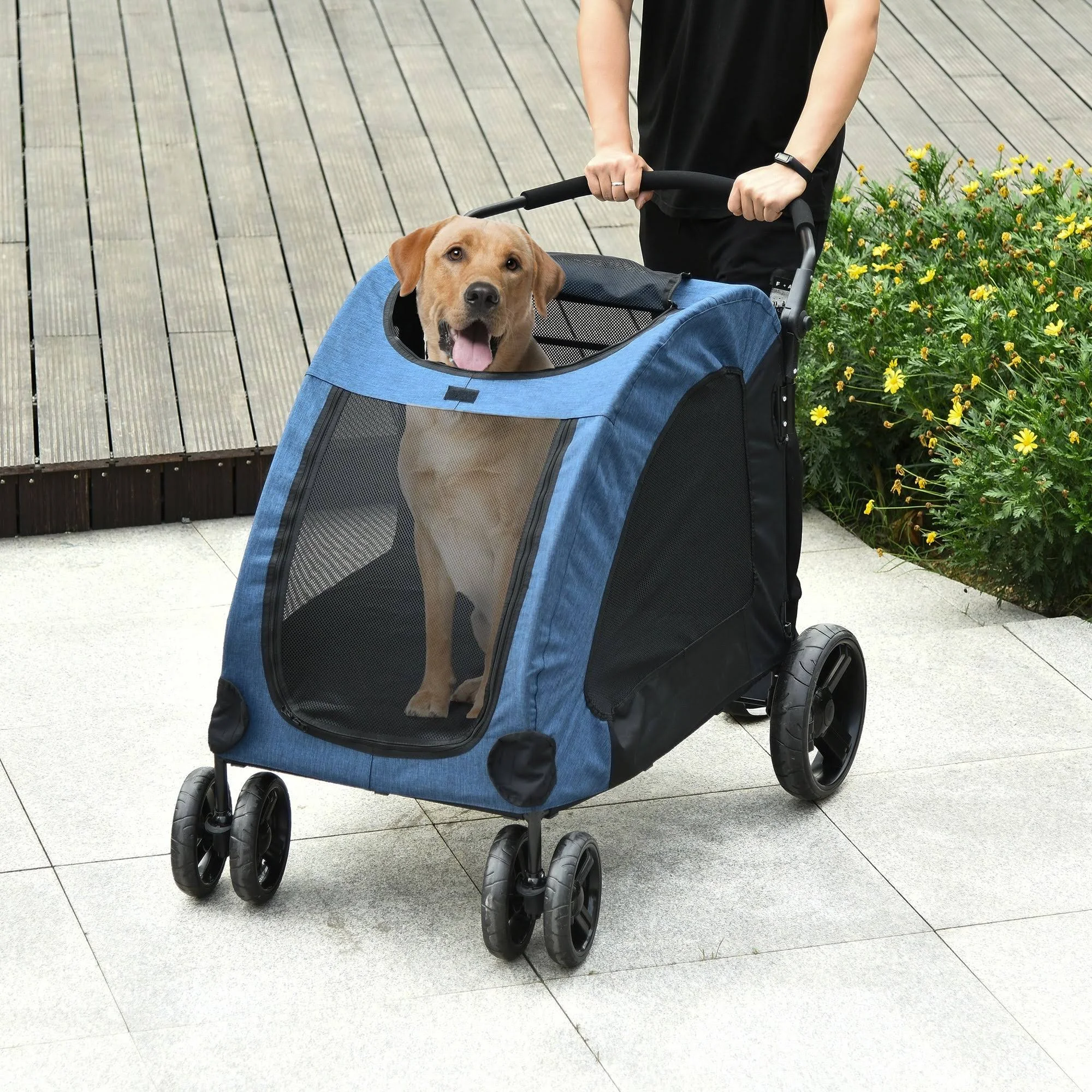 PawHut Foldable Dog Stroller with Storage Pocket for Medium Dogs (Blue, Black)