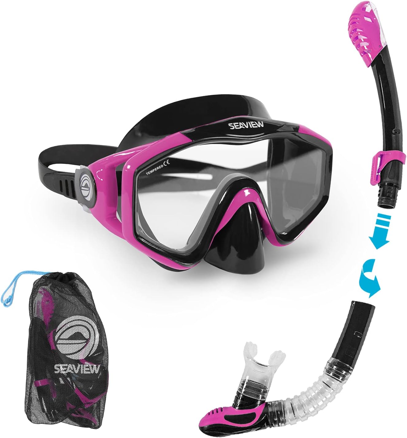 Seaview 180° Kradan Snorkel Set. Wide View Panoramic Tempered Glass Diving Snorkel Mask w/Adjustable Strap & Dry Valve Collapsible Swim Snorkel. Durable Travel Collapsible Snorkeling Gear for Adults Pack of 2