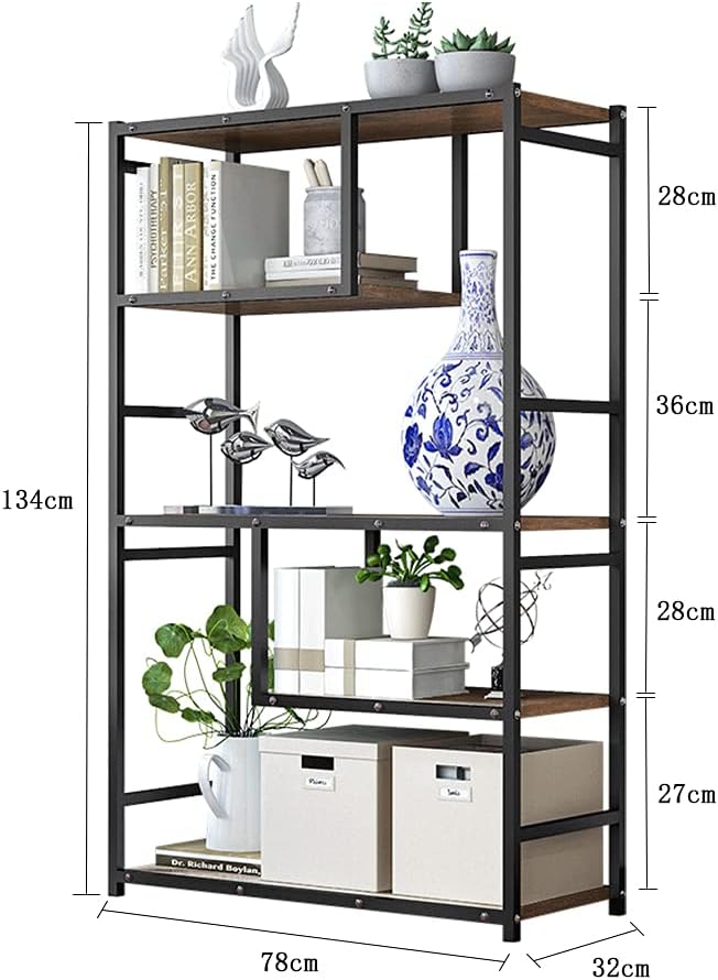 Bookshelf Bookcase, Vintage Industrial Book Shelf Multifunctional Standing Display Rack Storage Organizer with Metal Frame Rustic Wood Storage Shelves for Home Living Room Bedroom and Office