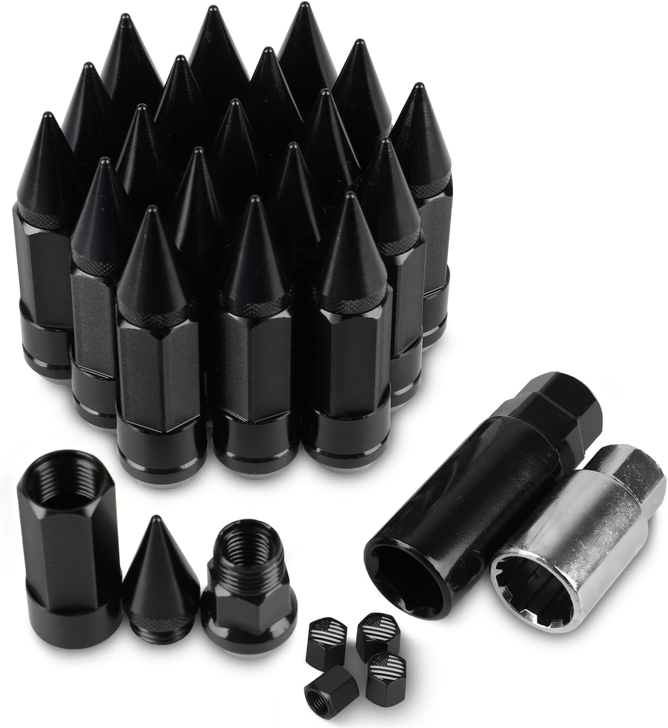 YeshineAuto M12x1.5 Anti Theft Wheel Spike Lug Nut,20 PCS Spiked Lug Nuts,Wheel Accessories Parts Spikes Lug Nuts with 2 PCS Socket Keys(Black)