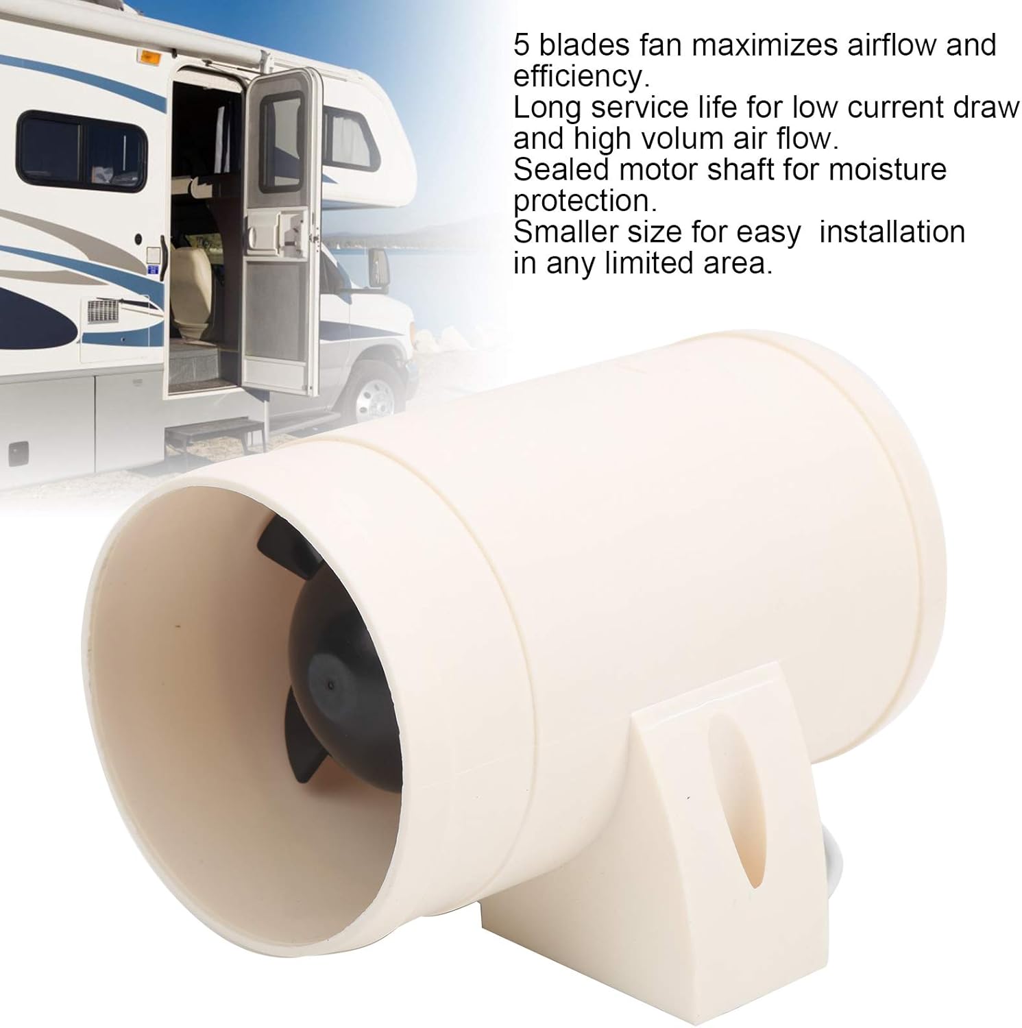 in Line Air Blower, 5 Blades Fan 3in RV Ventilation Fan Low Current Draw 12V ABS for RV for Boat for Yacht