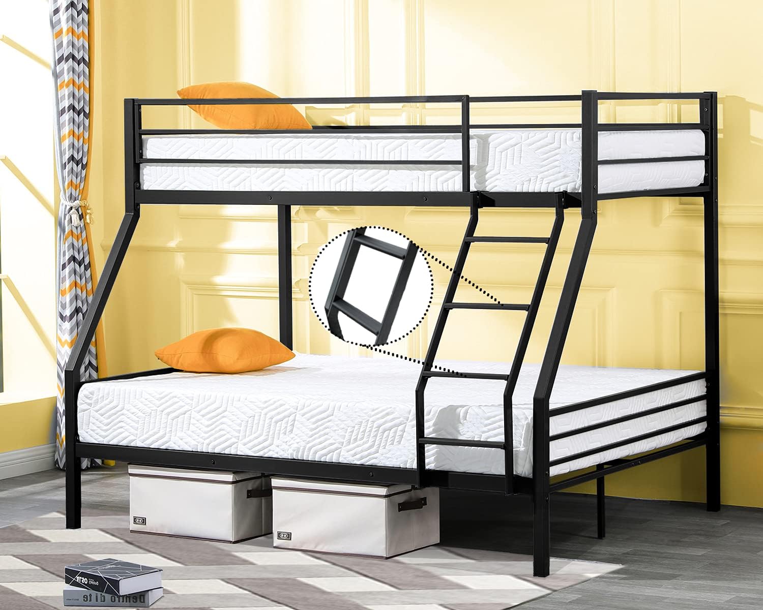 VINGLI Twin Over Full Bunk Bed with Flat Ladder Rungs, Metal Space Saving Bed for Adults/Kids/Teens, Black