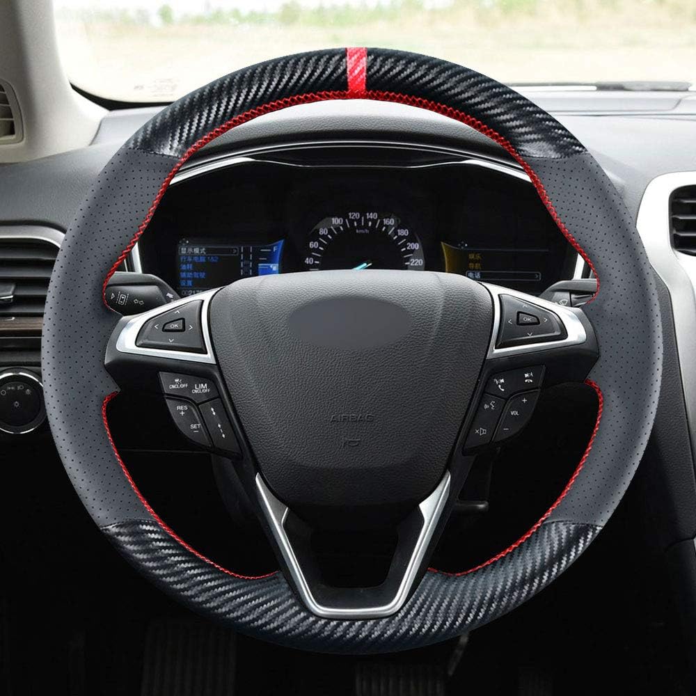 Carkooler DIY Stitching Carbon Fiber Steering Wheel Cover for Ford Fusion Sedan 2013-2020 / Edge 4dr SUV 2015-2020 15 inches Leather Interior Accessories