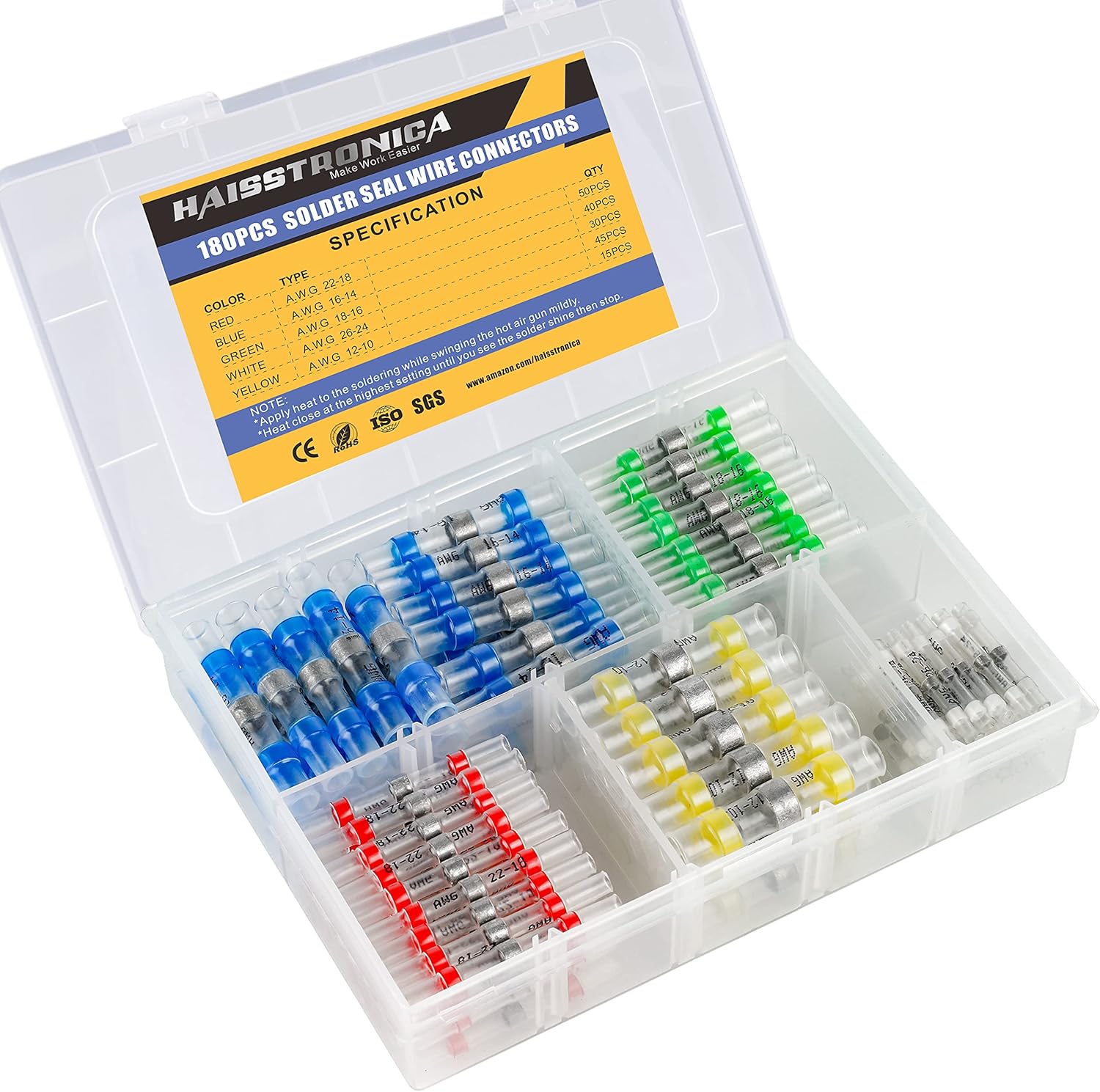 300PCS Solder Seal Wire Connectors-haisstronica Marine Grade Heat Shrink Wire Connectors-Heat Shrink Butt Connectors-Self Solder for Marine,Stereo(30Yellow 70White 100Red 100Blue) Solder Sleeve Pack of 2