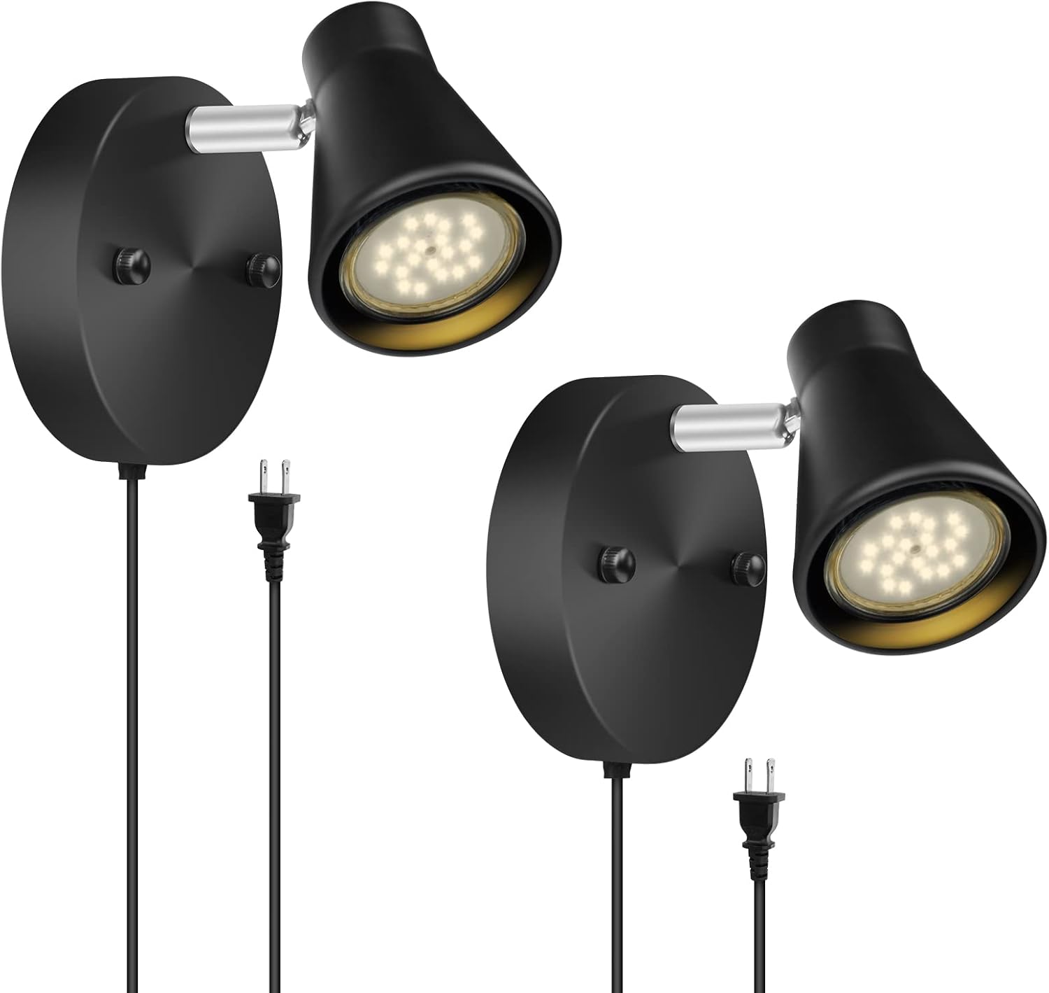 LABOREDUCER Modern Wall Sconces Set of 2, Adjustable Plug in Wall Lamps with Cord, Black Mini Spotlight for Beside Reading (GU10, Bulb NOT Included)