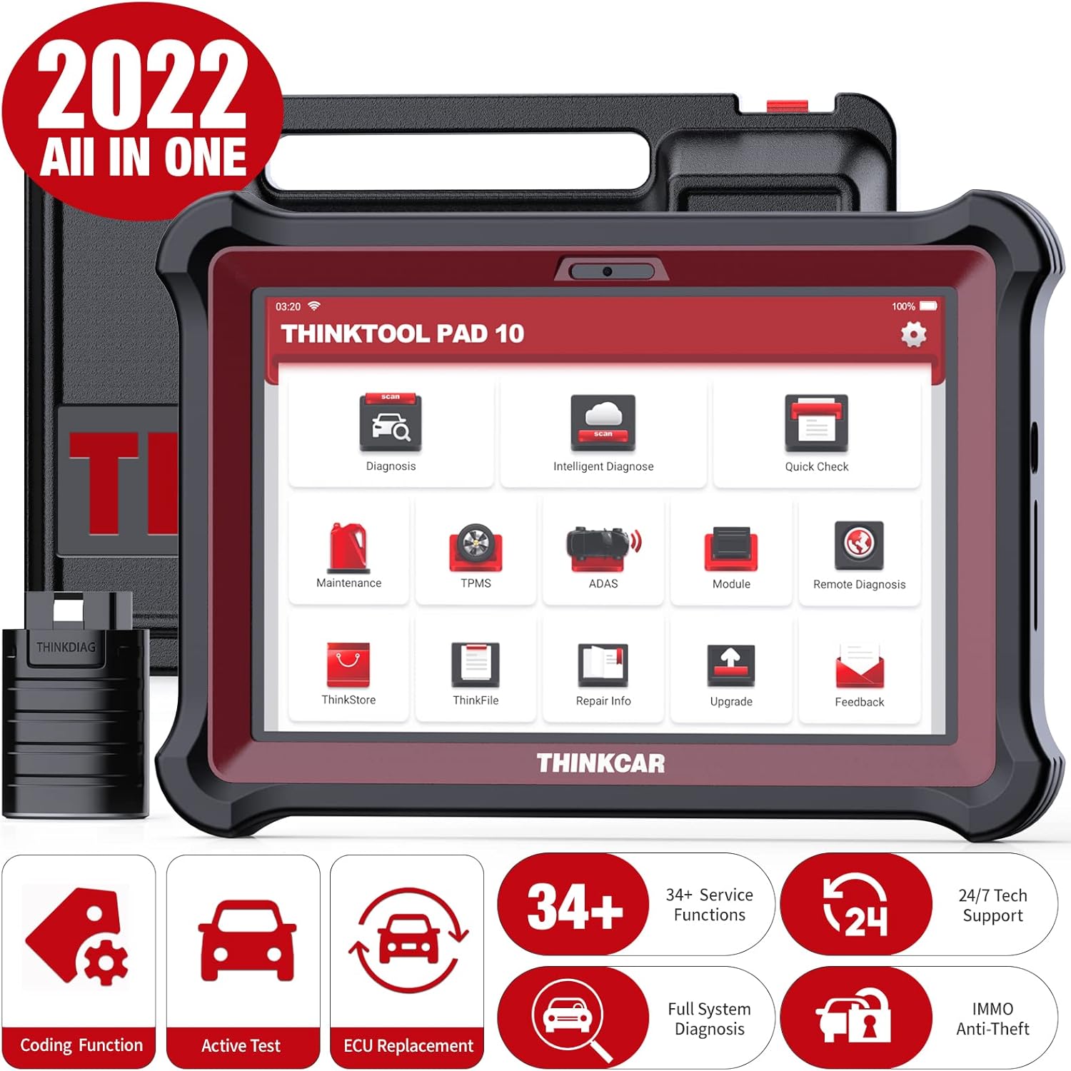 thinktool pad10 Bi-Directional Diagnostic Scan Tool, 34 Reset Services OE-Level All Systems Automotive Scanner,Active Test, Key Program, ECU Coding, Cars Connector Kits,2 Years Free Update