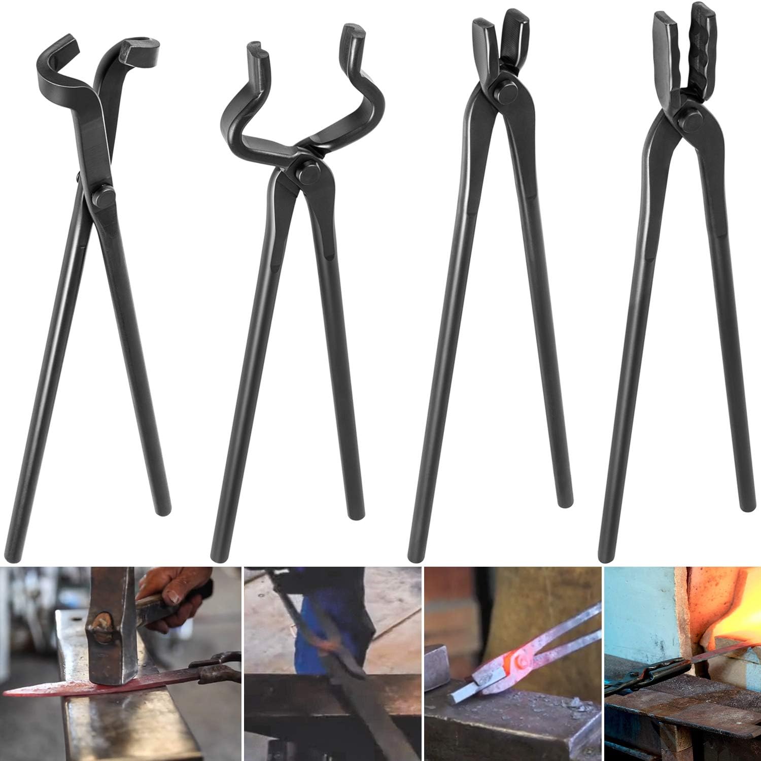 Knife Making Tongs Set Blacksmith Bladesmith Knife Tong Anvil Vise Forge Includes V-Bit Tongs Wolf Jaw Tongs Flat Tongs Blade Tongs (4 Tongs)