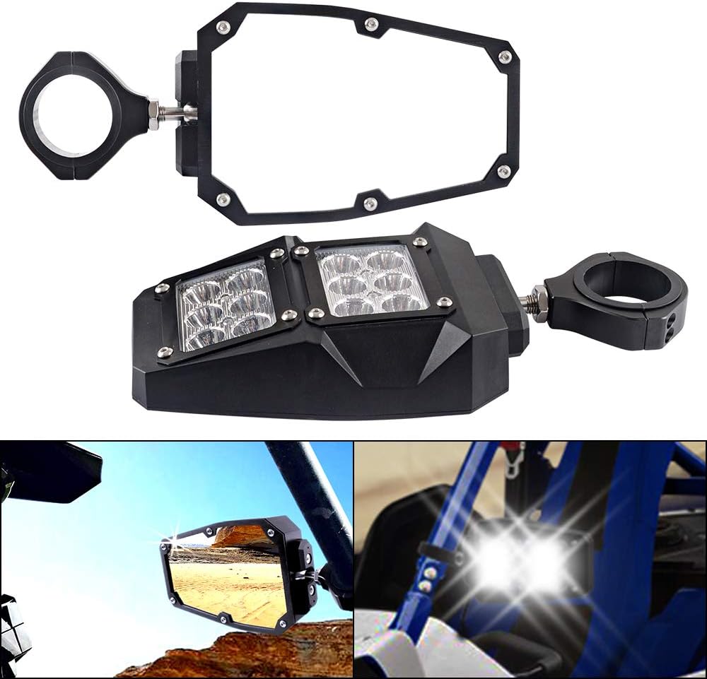 ZGAUTO UTV Rear Side View Mirror with LED Spot Light Fits For 1.75-2 Inch Roll Bar with Ball Joint High Impact Shatterproof Tempered Glass Cage (1 Pair,Compatible With Polaris RZR XP 1000 RZR 900 )