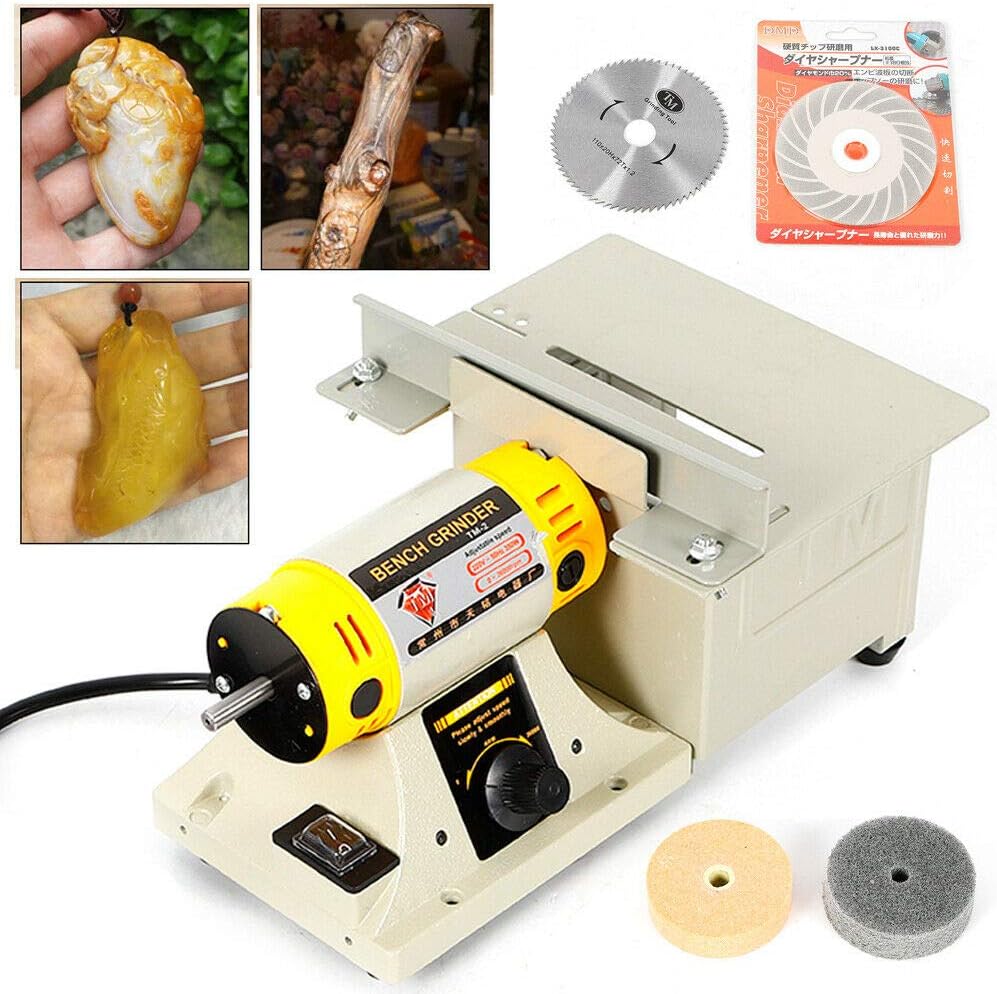 350W Multifunctional Jewelry Polishing Buffer Machine Bench Lathe Polisher Table Saw Jade Carving Polishing Grinder for Gem Metal Woodworking Carving Upgraded 110V
