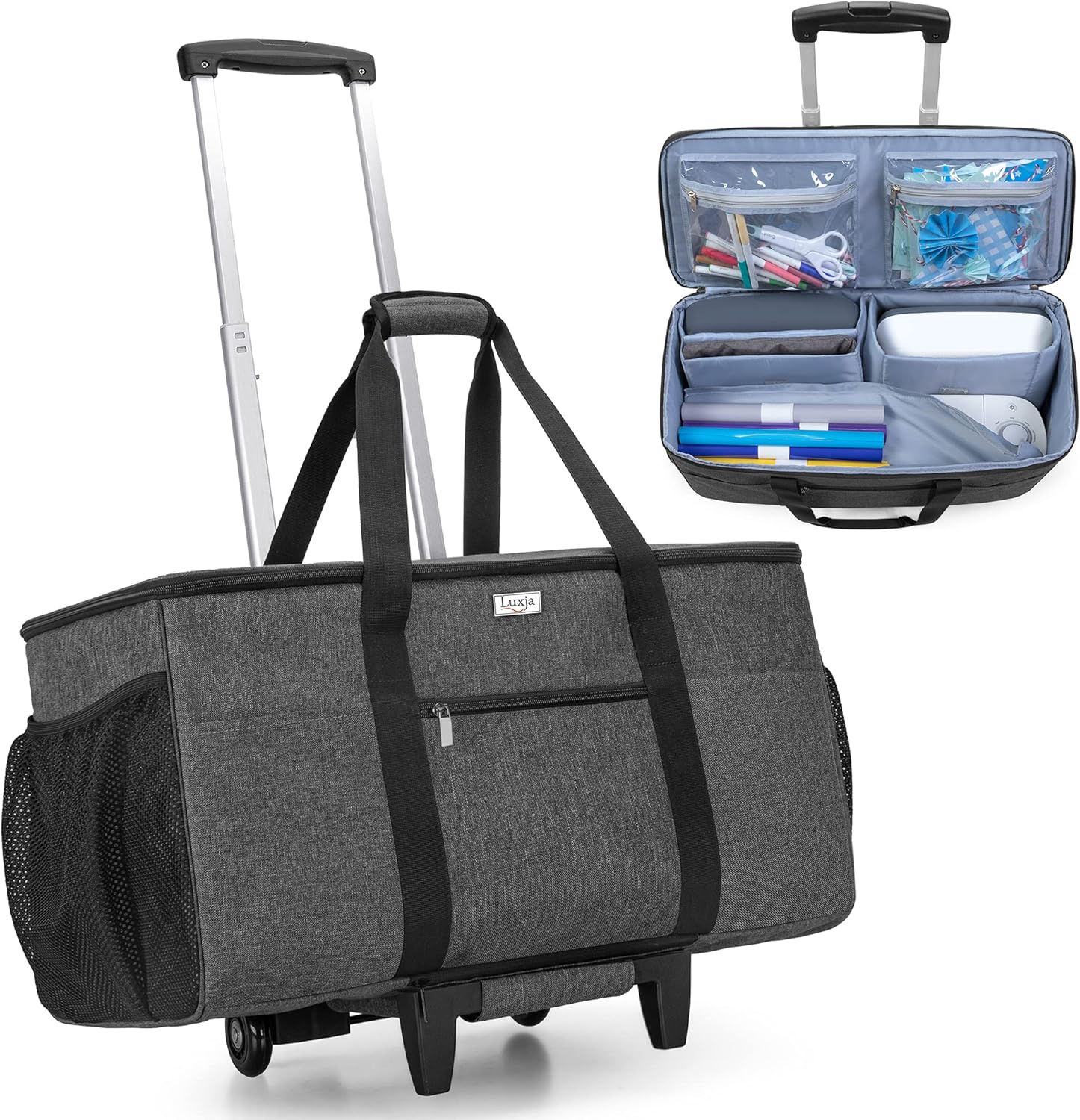 Luxja Rolling Tote Compatible with Cricut Maker (Explore Air) and Easy Press (9 inches x 9 inches), Die-Cut Machine Carrying Case with Wheels (Come with a Detachable Dolly), Gray