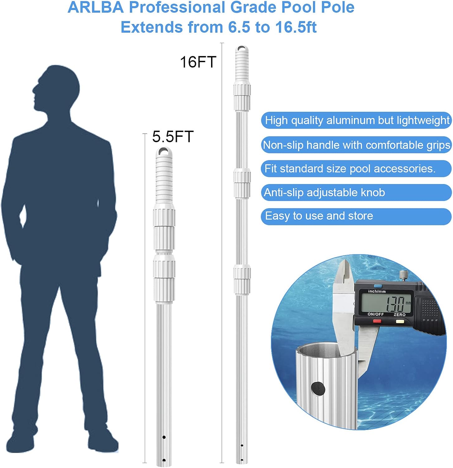 ARLBA Upgrated Professional 16.5 Foot Swimming Pool Pole Telescopic Aluminum 1.30mm Thicken Adjustable Fits Pool Net Skimmer Rake Vacuum Head Brush Cleaning Equipment Heavy Duty - Universal Fit 1-1/4 Pack of 2