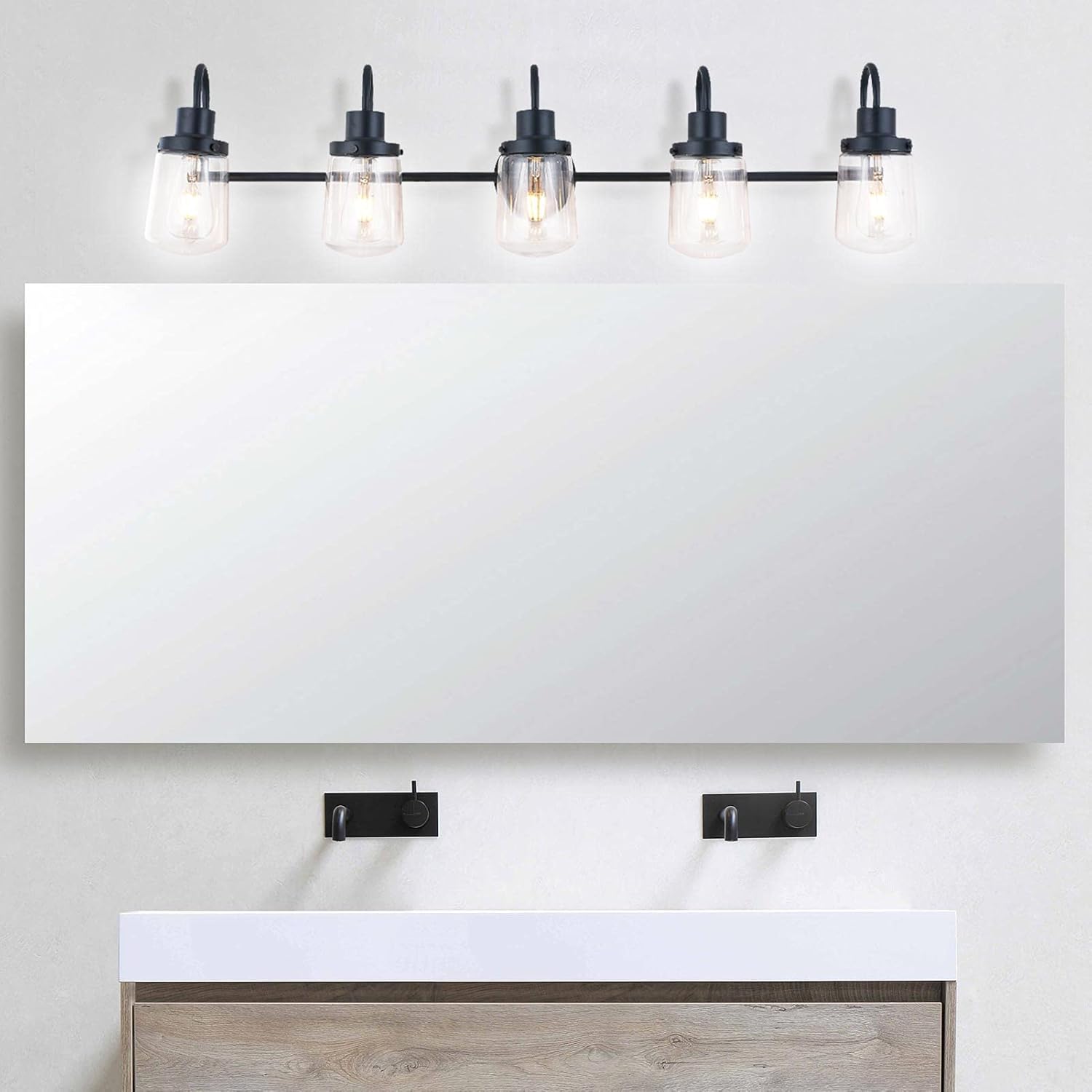 YAOHONG 5-Lights Farmhouse Lamp, Modern Bathroom Vanity Light in Black, Farmhouse Wall Light Fixture with Clear Glass Shades, Indoor Wall Lamp