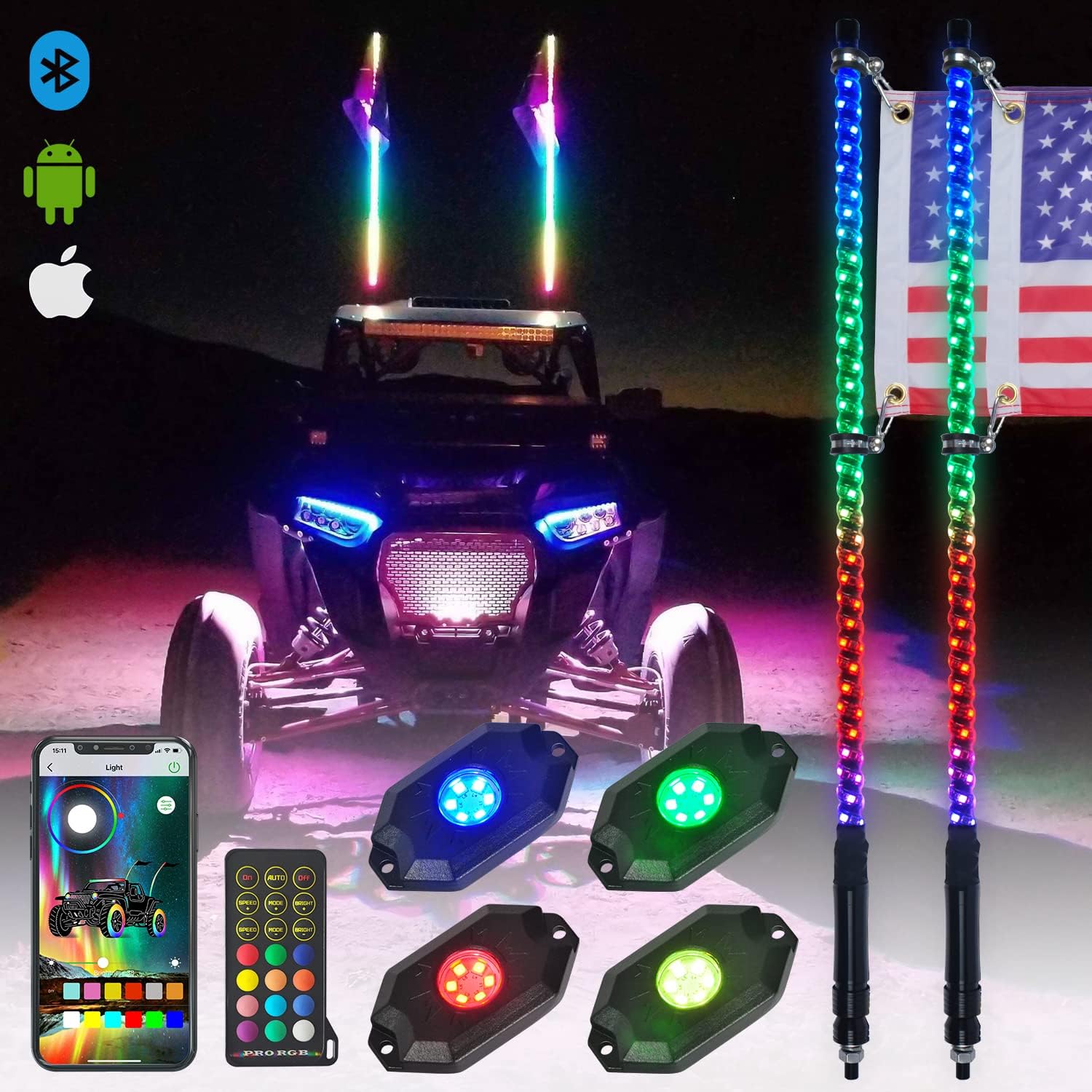 OHMU 2Pcs 4FT LED Whip Lights and 3rd-Gen Rock Lights Package with Bluetooth and Remote Control 360&deg; Spiral Chase RGB Neon Offroad Warning Lighted Antenna Whips and Rocks