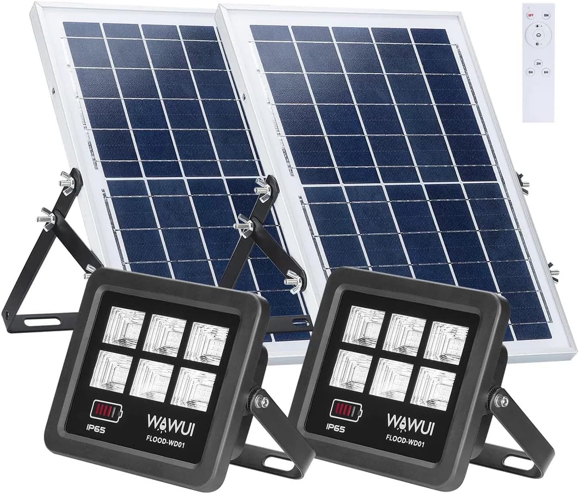 WAWUI Solar LED Flood Lights Outdoor with Remote 2 Pack 80W Solar Security Flood Lights Dusk to Dawn IP65 Waterproof 800 LM 6500K Solar Powered Flood Lights for Garden, Garage, Pathway, Deck