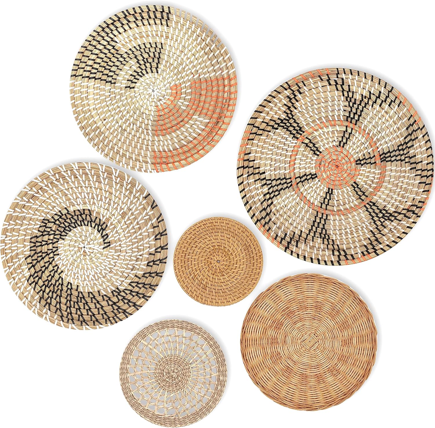 KushimHome Hanging Wall Basket Decor Set - Large Wall Decor Boho Basket Wall Decor - Wicker Wall Baskets Rattan Decor - Bamboo Woven Basket Wall Decor - Seagrass Boho Wall Decor Baskets - African Flat Pack of 2