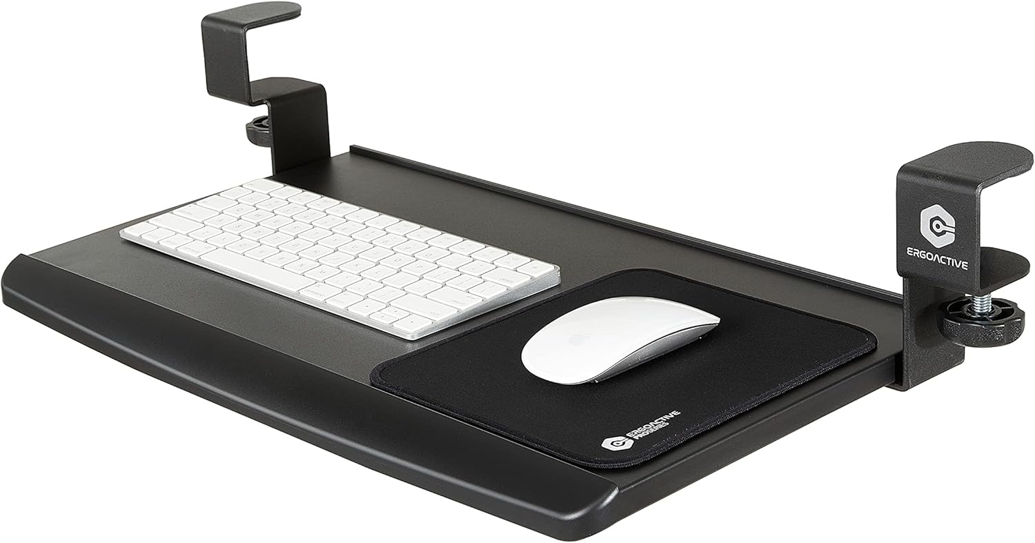 ErgoActive Keyboard Tray Under Desk with Included Mouse Pad and Easy Clamp On Installation, Fits Small Keyboard and Mouse - Small (20