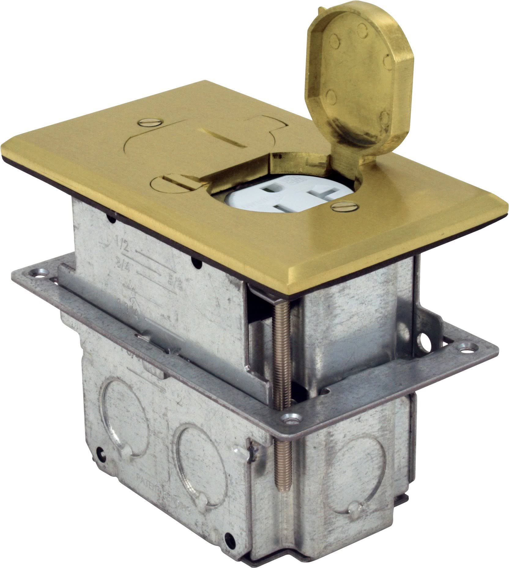 Orbit Industries FLB-D-BR Floor Flip-type with Duplex Receptacle Cover u0026 Adjustable Box, Tamper Resistant, Brass