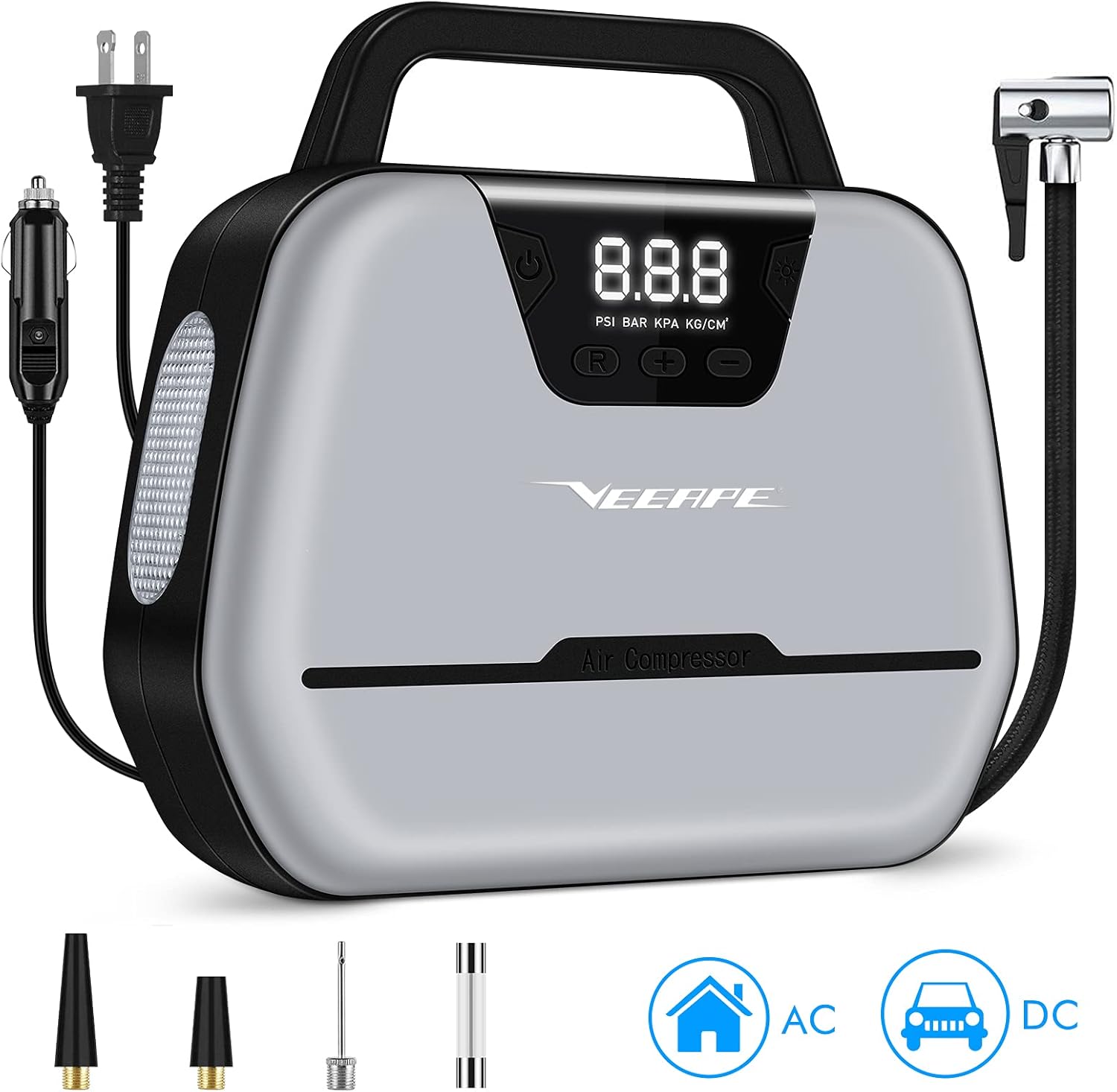 VEEAPE Air Compressor Portable Tire Inflator, Air Pump for Car Tires 12V DC / 110V AC Tire Pump With Tire Pressure Gauge, 150PSI Air Compressors for Car, Bike, Motorcycles, Air Mattress, Boats (Gray)
