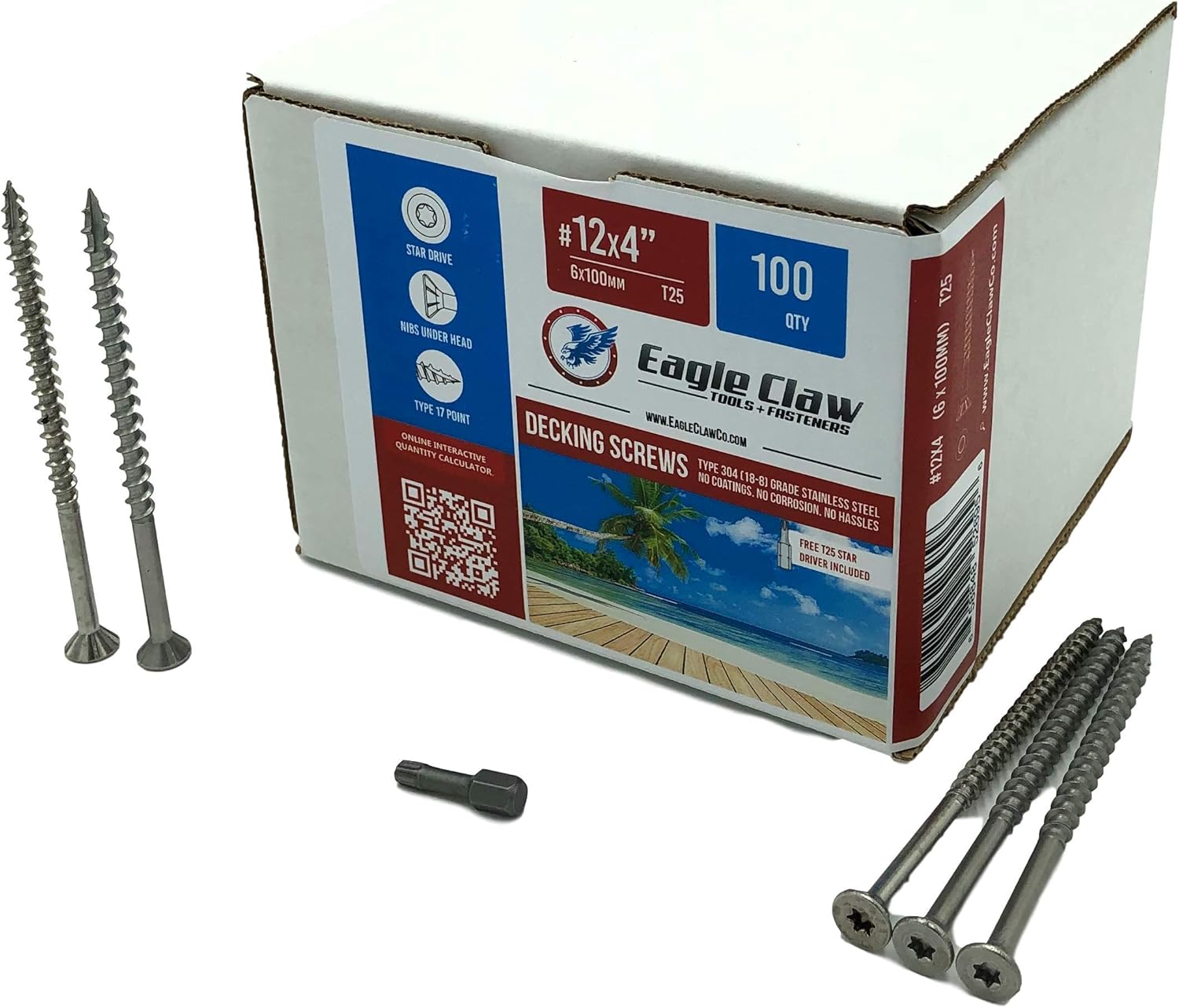 #12 x 4 Inch 305 Grade Stainless Steel Deck Screws 100 Box T25 Star Drive Included by Eagle Claw Fasteners Pack of 2