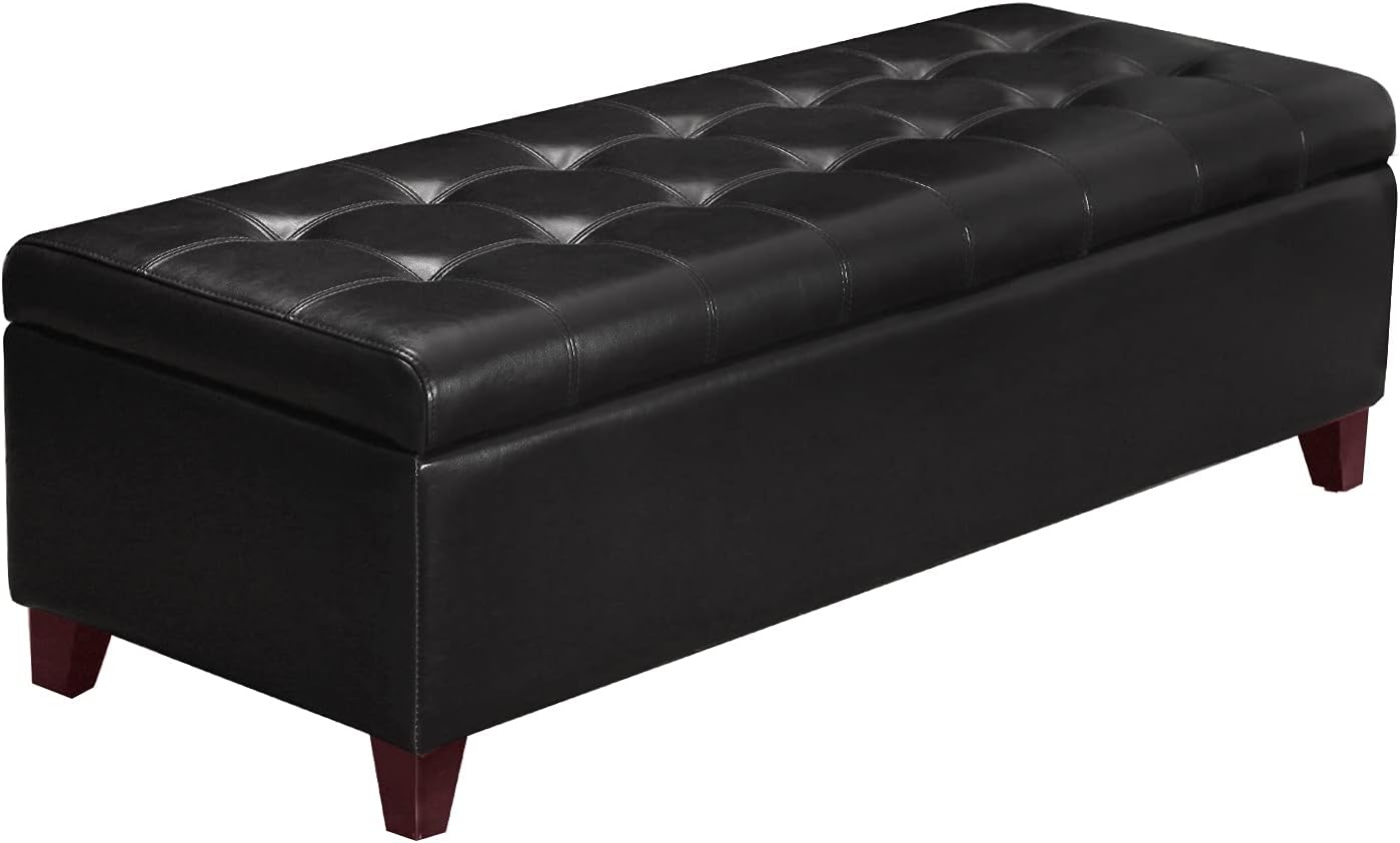 Joveco Storage Ottoman Bench- Faux Leather Tufted Bench Foot Rest (Black Midnight)