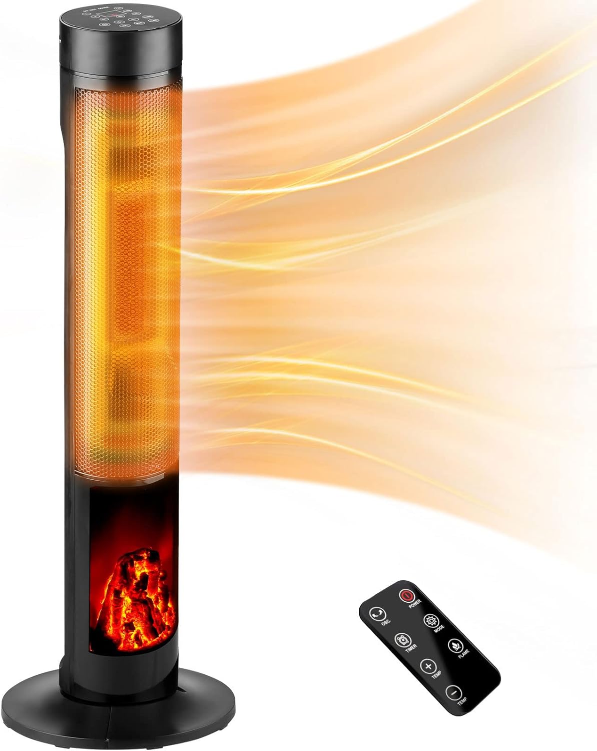 LEISURELIFE Portable Tower Space Heater with Volcano for Bedroom, Oscillating, Remote, 12h Timer, Temperature Display