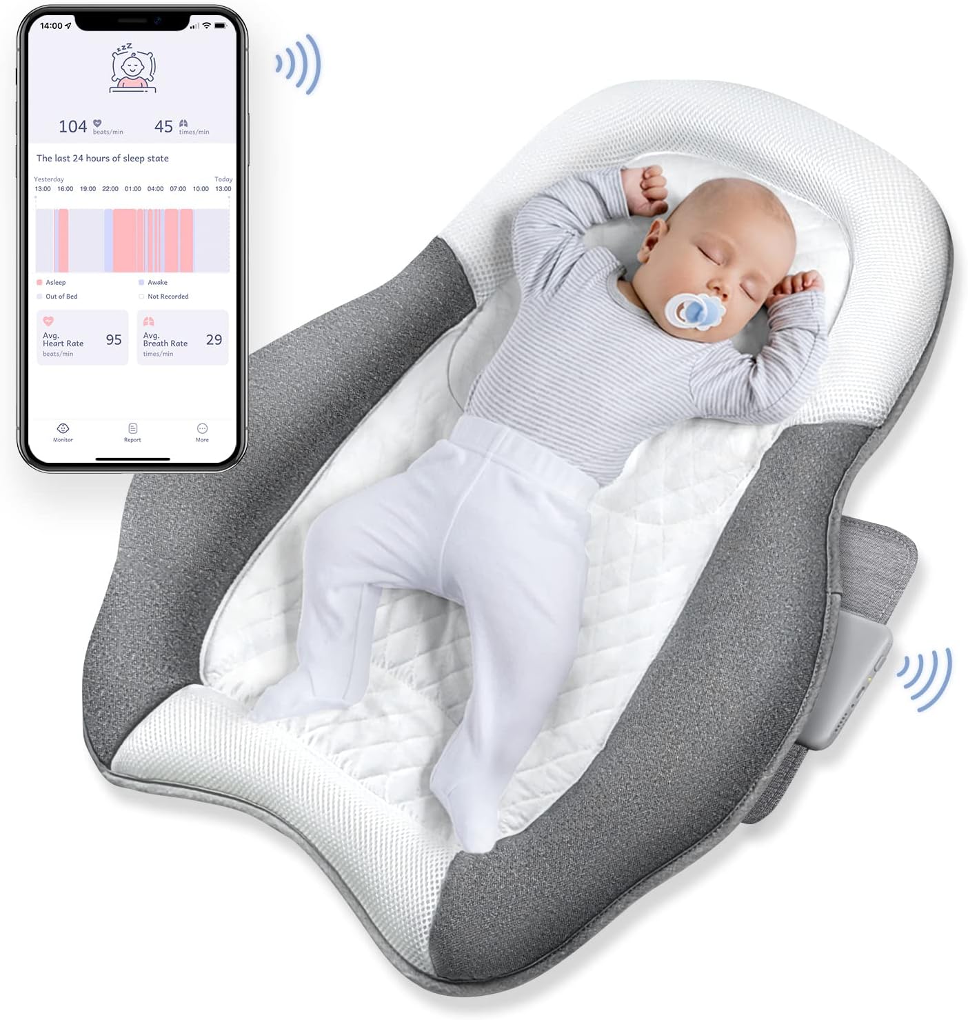Smart Baby Monitor, ALVOD Sleep Tracking with Mat Nothing to Wear Baby Breathing Monitor, Monitors Heart Rate, Breathing Rate, Sleep Report, Alarm in APP for Baby Safety, Fits 1-6 Months Babies