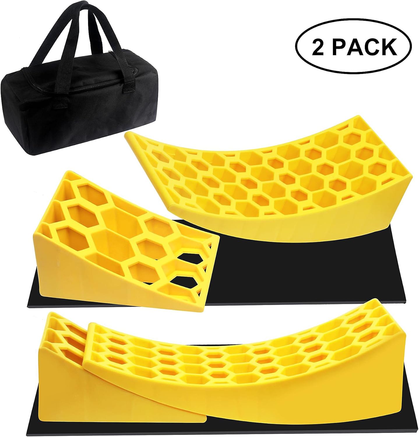 LousiRoo Camper Levelers (2 Pack), RV Leveling Blocks -Includes 2 Curved Levelers,2 Wheel Chocks and 2 Rubber Mats, Heavy Duty RV Levelers-Faster and Easier to Level Your Camper Travel Trailer Pack of 2