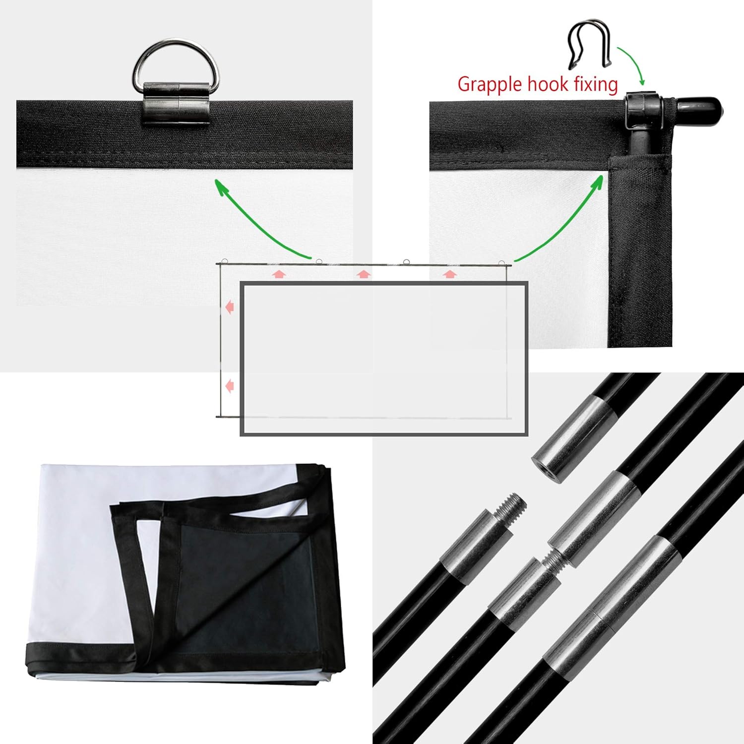 Foldable Projector Screen 100 inch with Combined Pole Frame 16:9 HD 4K Anti-Crease Black Backing Silver Portable Projection Screen Pack of 2