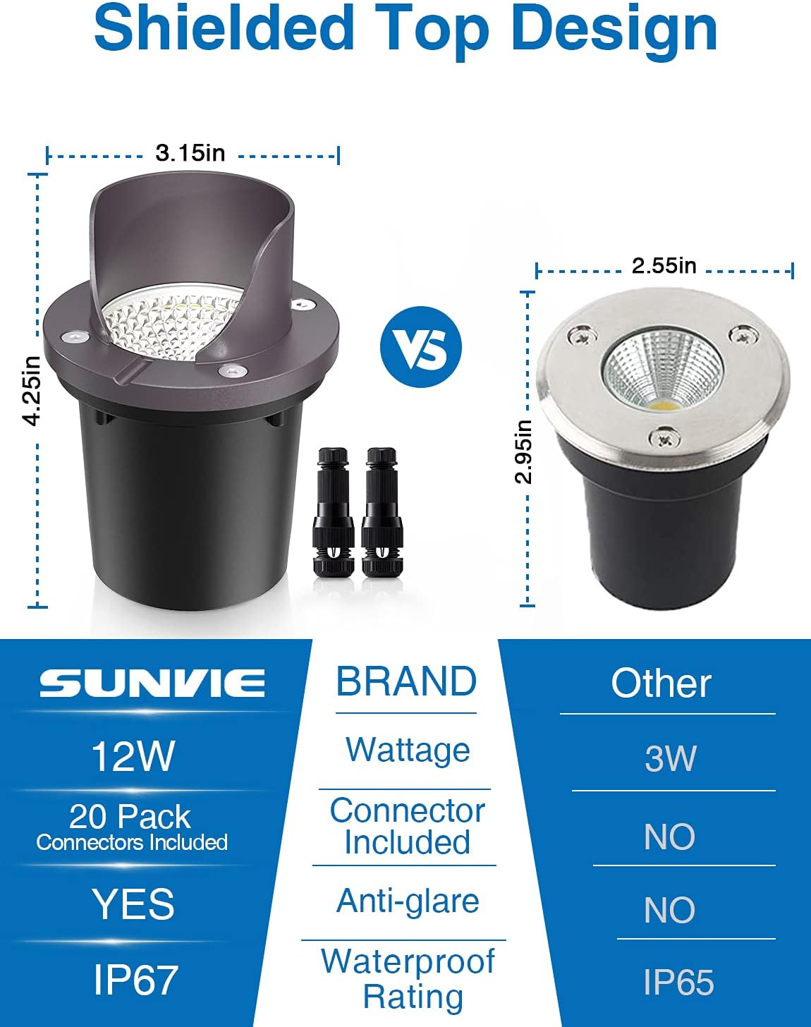SUNVIE 12W Low Voltage Landscape Lights Waterproof Outdoor In-Ground Lights Shielded LED Well Lights 12V-24V Warm White Landscape Lighting for Pathway Garden Fence Deck, 6 Pack with Wire Connectors