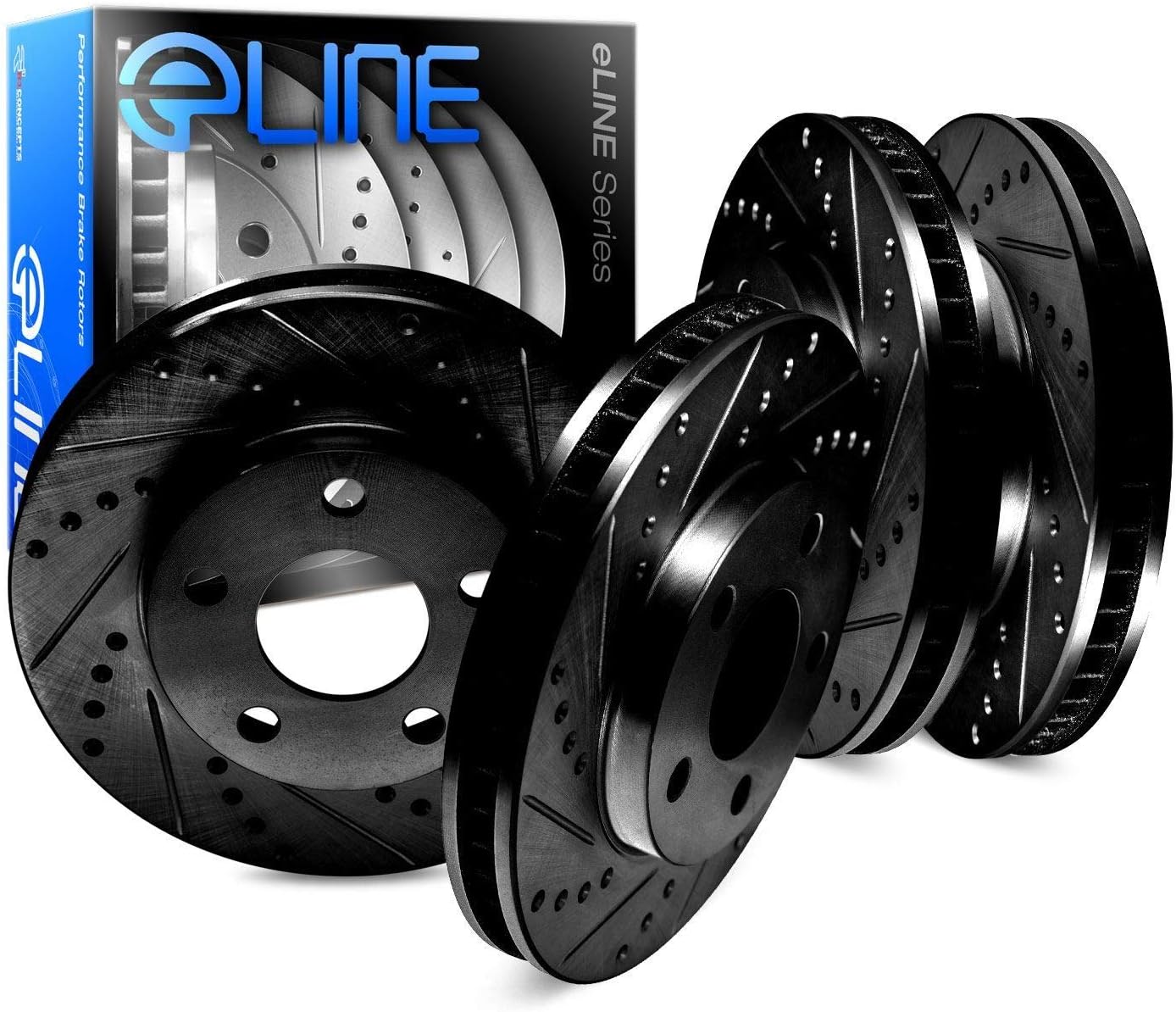 R1 Concepts eLINE Series Front Rear Black Drilled and Slotted Brake Rotors Compatible For 2011-2019 Nissan Juke, Sentra