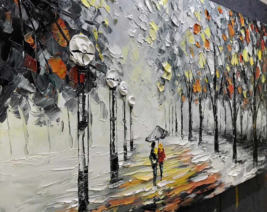 Yotree Paintings, 24x48 Inch Paintings Snowy Night Rainy Road Oil Hand Painting Painting 3D Hand-Painted On Canvas Abstract Artwork Art Wood Inside Framed Hanging Wall Decoration Abstract Painting