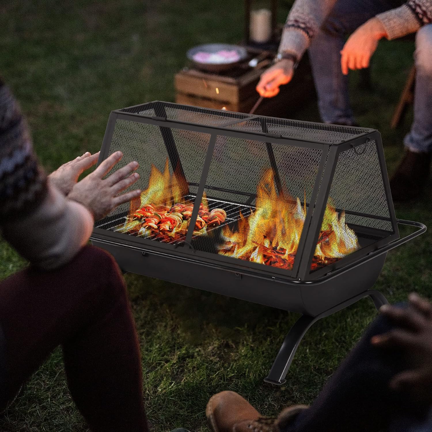 SUNCREAT Outdoor Fire Pit with Steel Grill, 36 Inch Large Wood Burning Firepit for Outside with Cooking BBQ Grill Grate, Spark Screen, Fireplace Poker, and Waterproof Cover