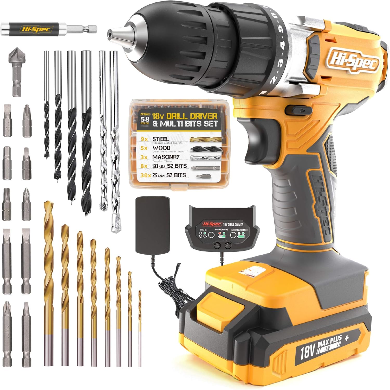 Hi-Spec 58 Piece 18V Pink Drill Driver & Multi Bit Set. DIY Cordless Screw & Drilling Power Tool with S2 Steel Bit Set for Metal, Wood & Masonry. All in a Storage Zipper Case Pack of 2