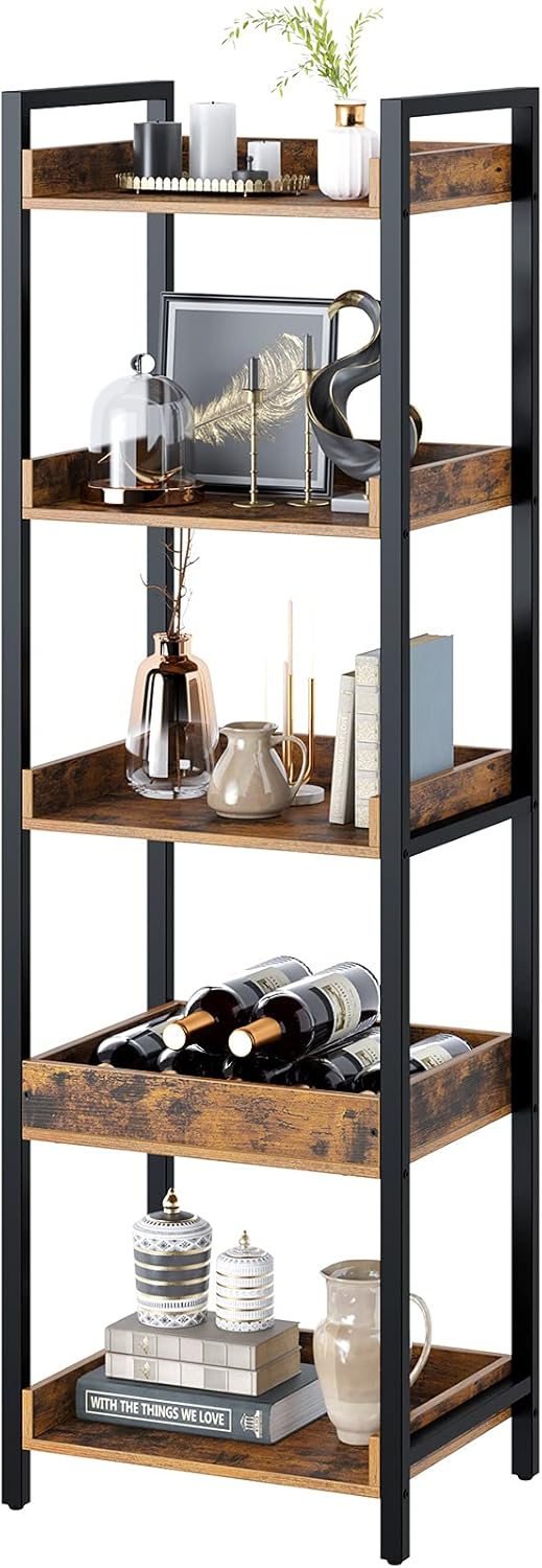 Rolanstar 5-Tier Storage Rack, Rustic Free-Standing Shelf Units, Narrow Display Wood Shelves with Top Edge Metal Frame, Side Corner Bookshelf for Living Room, Bathroom, Balcony, Kitchen, Rustic Brown