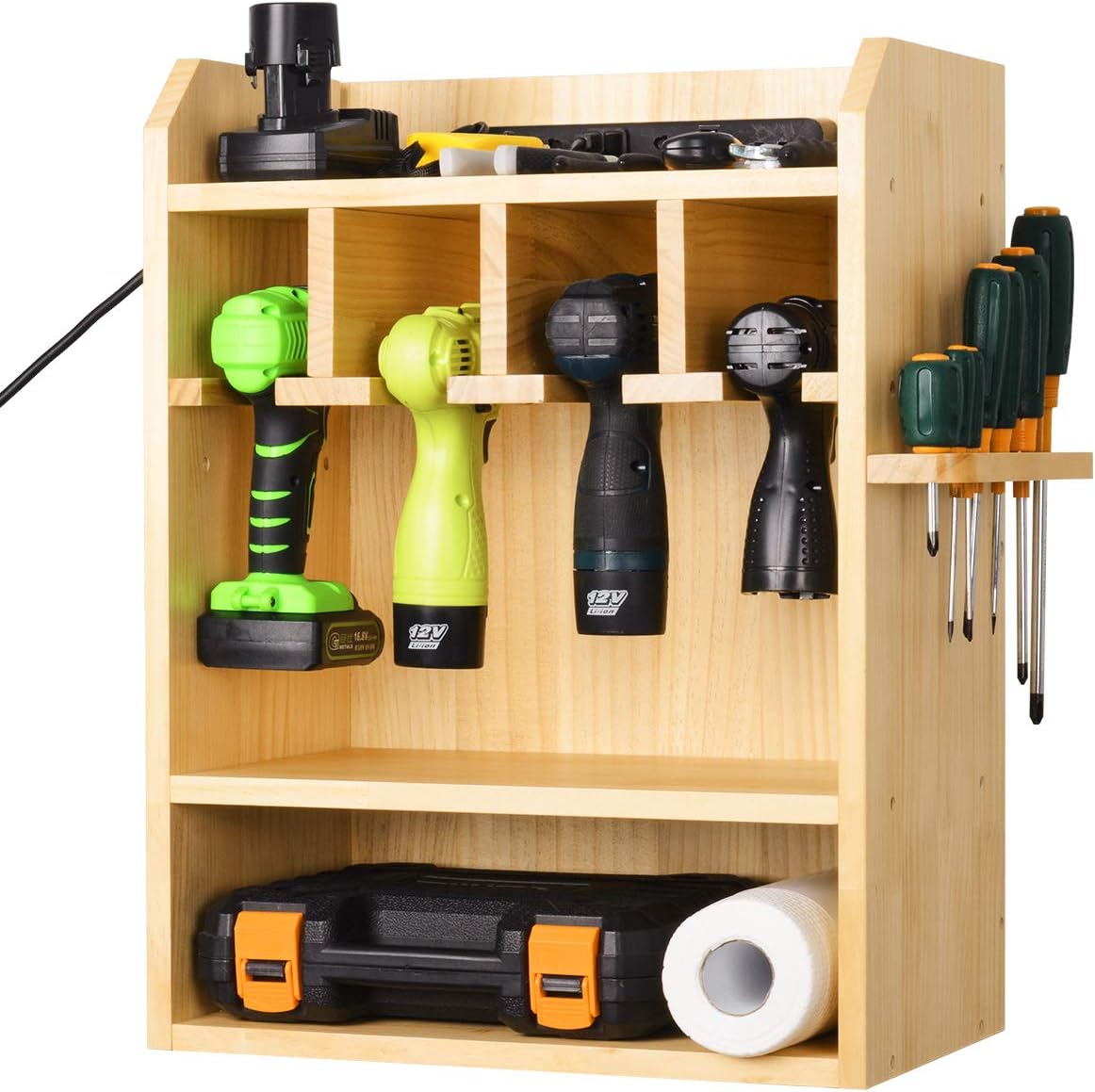 Power Tool Organizer for Garage, Drills Charging Station with 4 Drill Slots, Cordless Drill Organizer Wall Mounted Power Drill Storage with Screwdriver Rack (Need Assemble) Pack of 2
