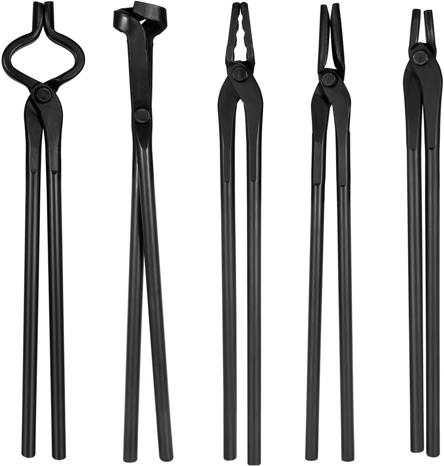 Blacksmith Tongs Tools Set For Anvil, Knife Making Set 5PCS Includes Flat Tongs & Square Jaw Tongs & Bolt Tongs & Blade Tongs & Wolf Jaw tongs